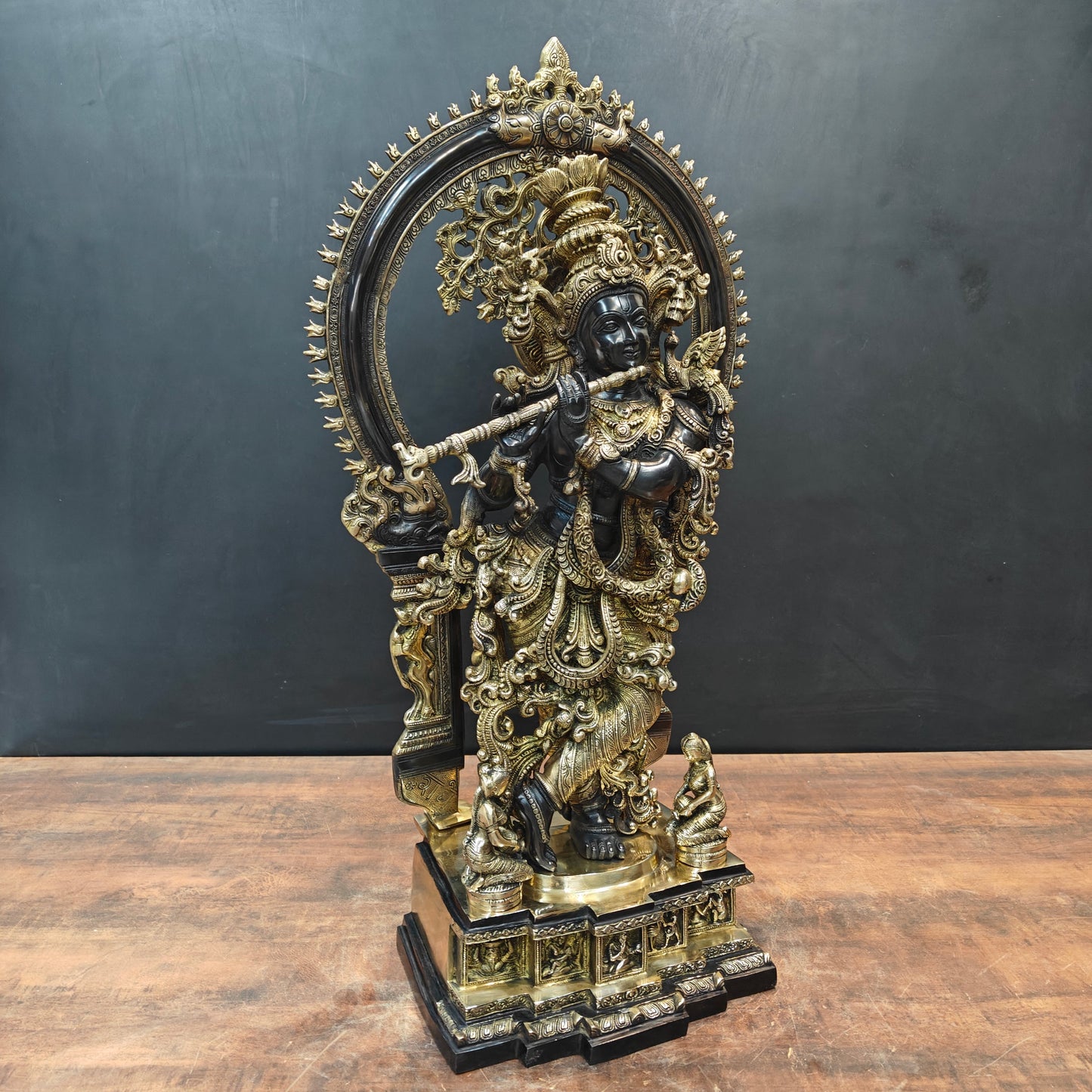 Brass Krishna Idol With Prabhavali Black Patina Finish 32 Inch