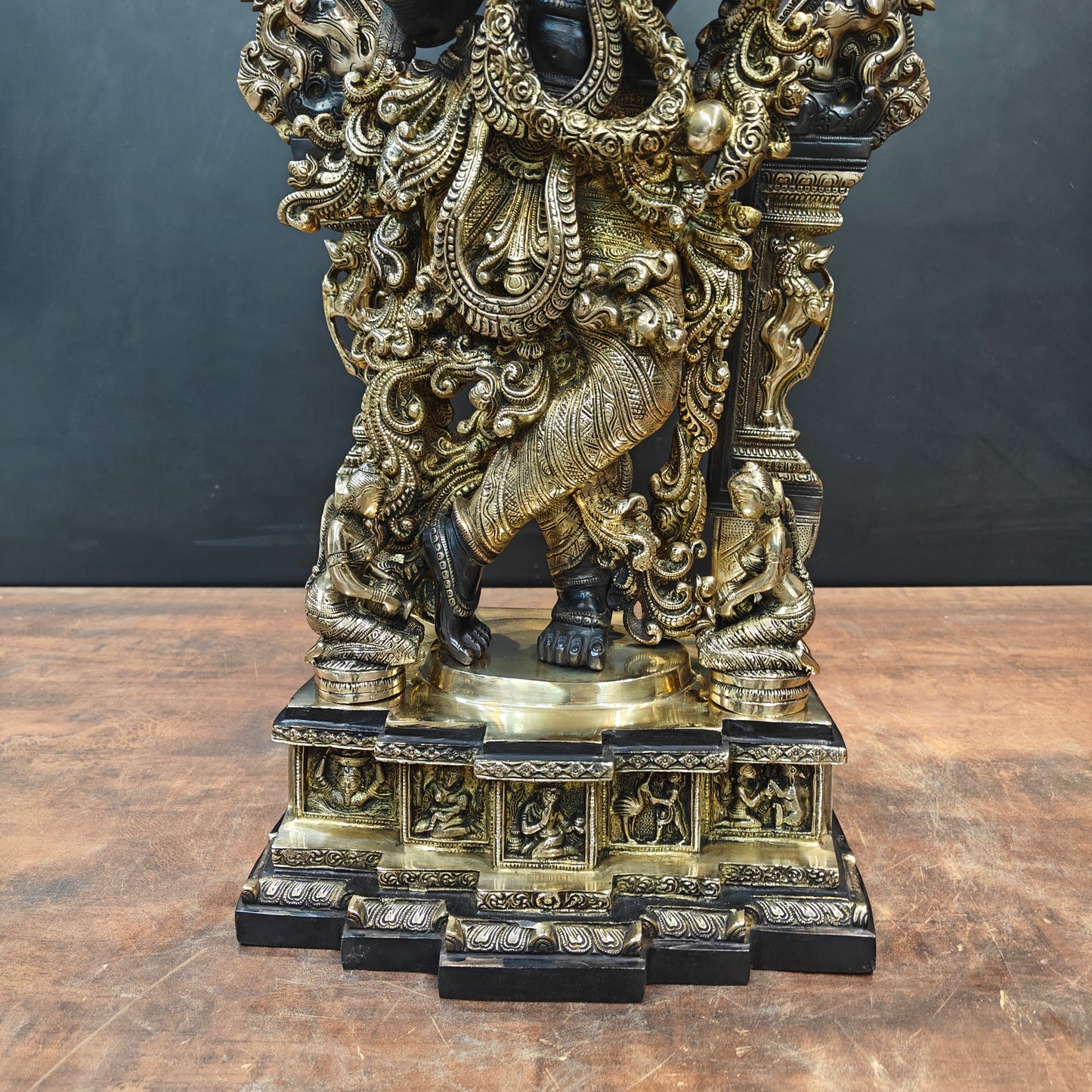 Brass Krishna Idol With Prabhavali Black Patina Finish 32 Inch