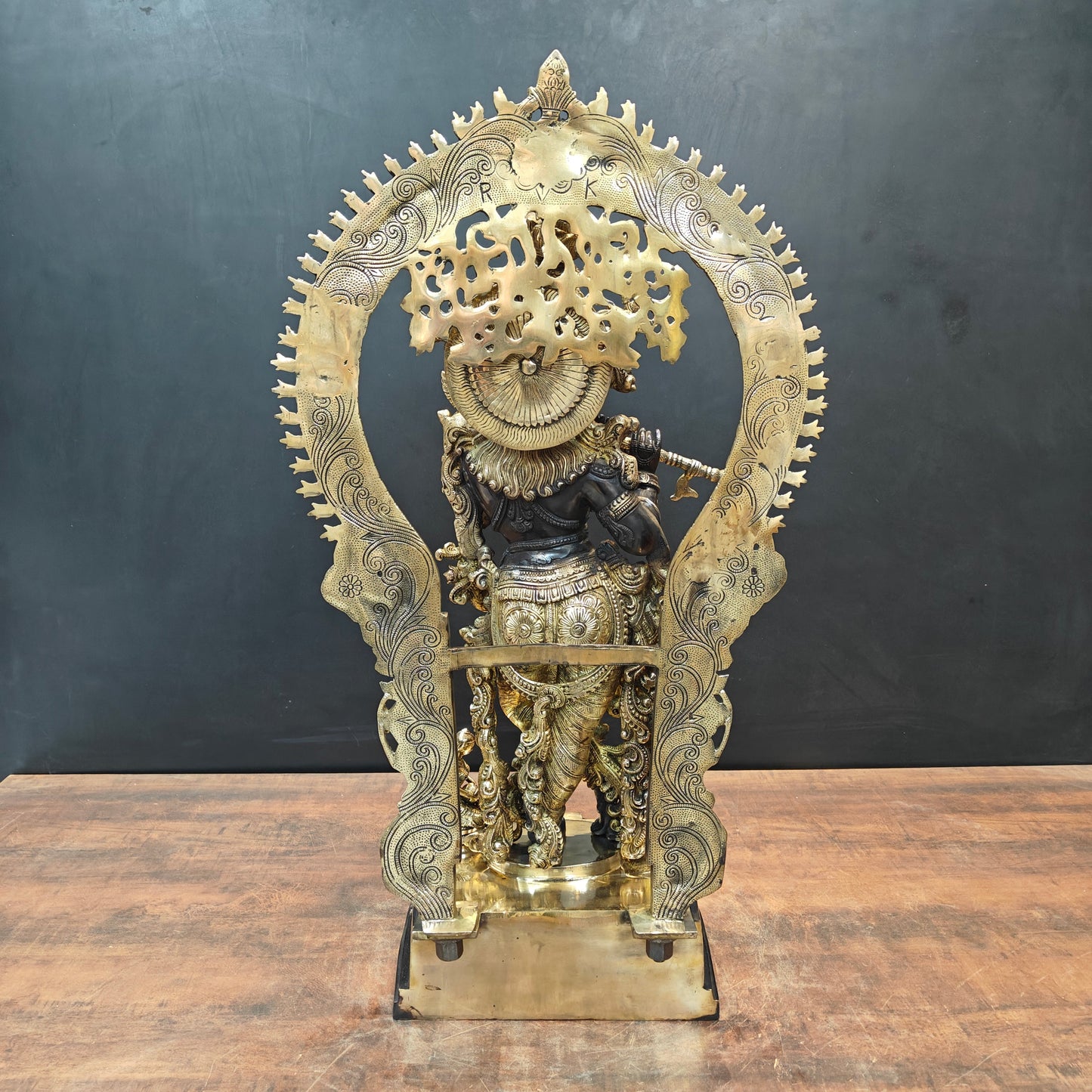 Brass Krishna Idol With Prabhavali Black Patina Finish 32 Inch