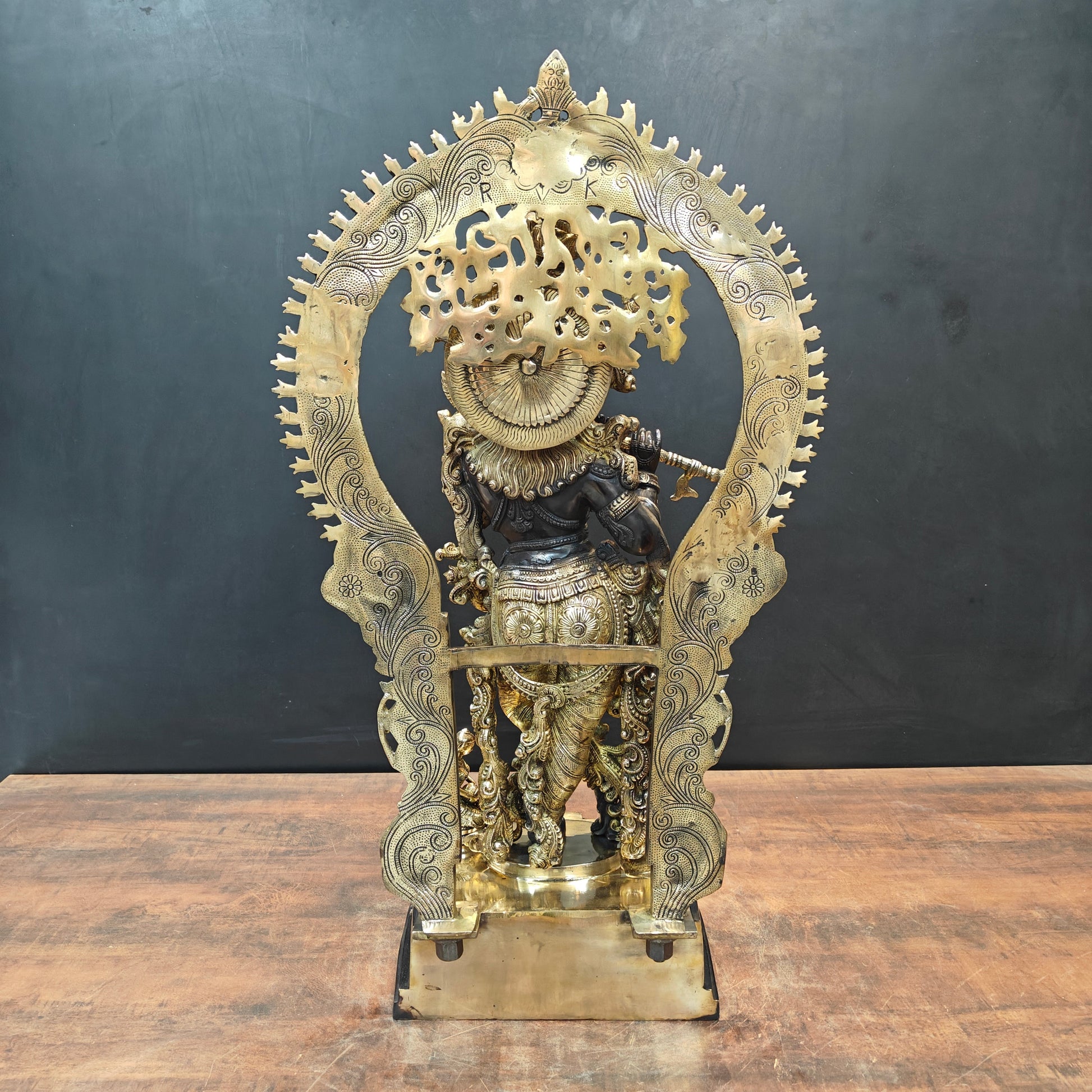 Brass Krishna Idol With Prabhavali Black Patina Finish 32 Inch - Image 10