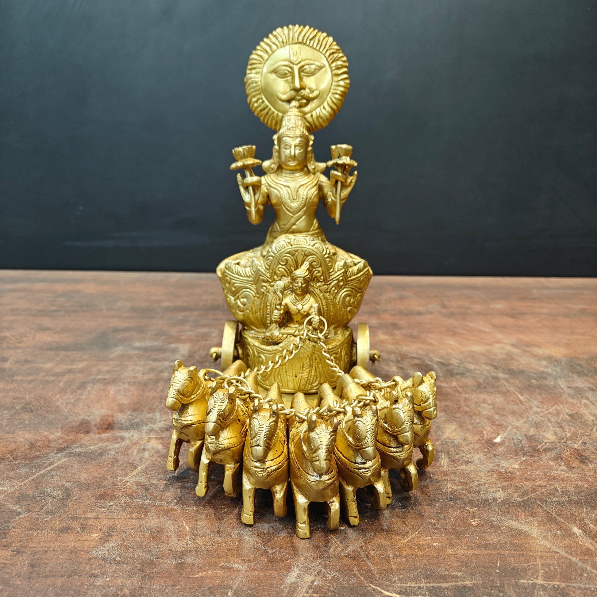 Brass Surya Rath With Seven Horses 12 Inch - Image 2