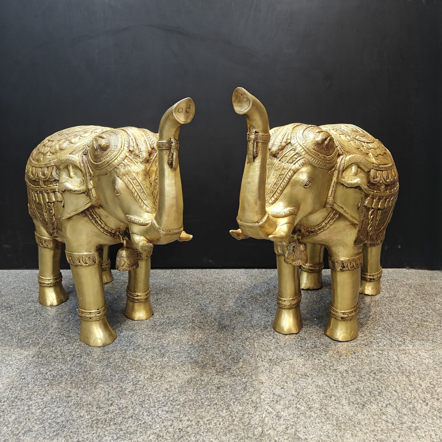 Brass Large Engraved Elephant Pair Statue Figurine Showpiece Decor 3 Feet