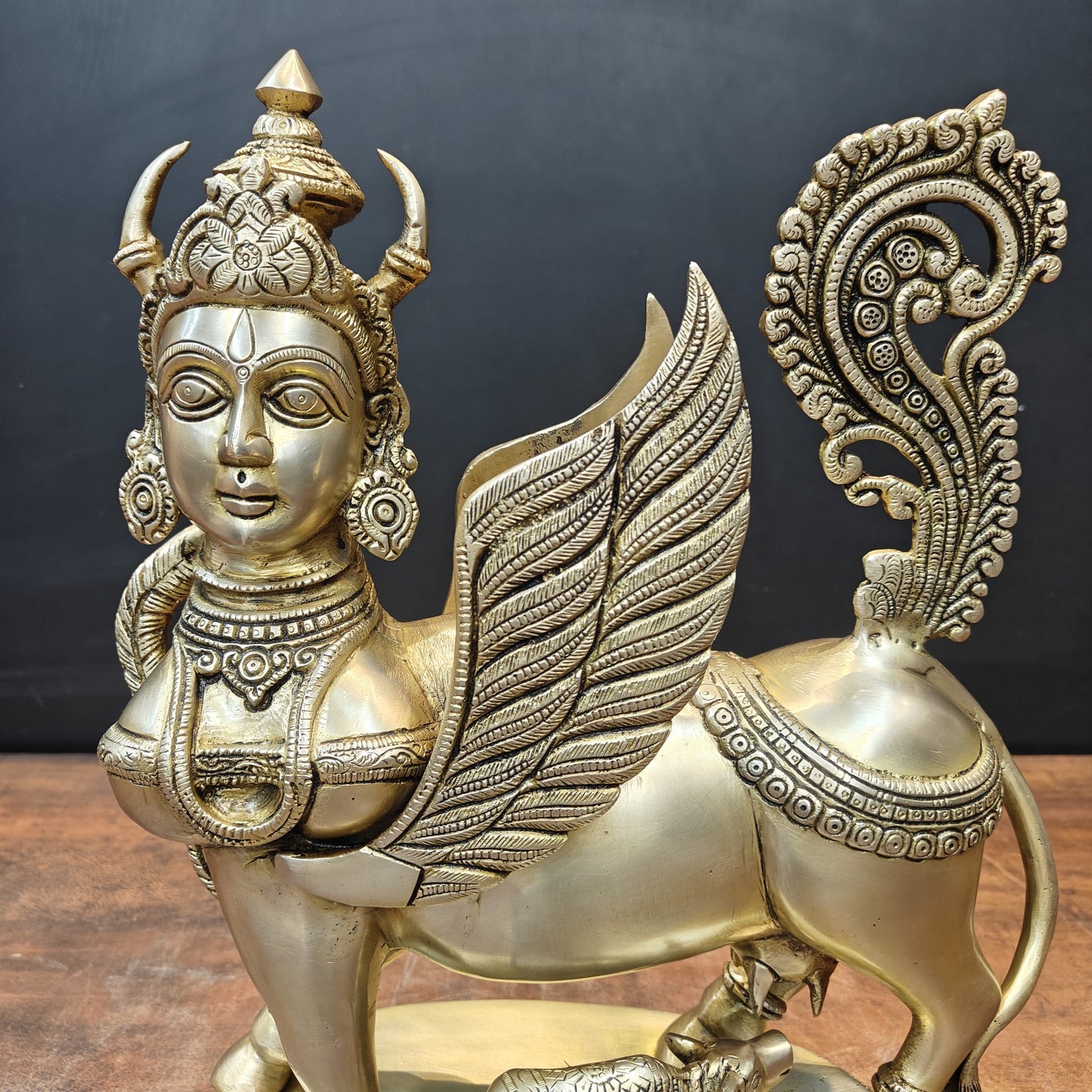 Brass Exquisite Kamdhenu Cow With Calf Statue Golden Finish 16 Inch