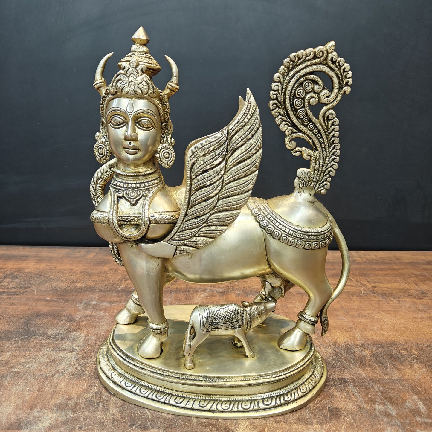 Brass Exquisite Kamdhenu Cow With Calf Statue Golden Finish 16 Inch