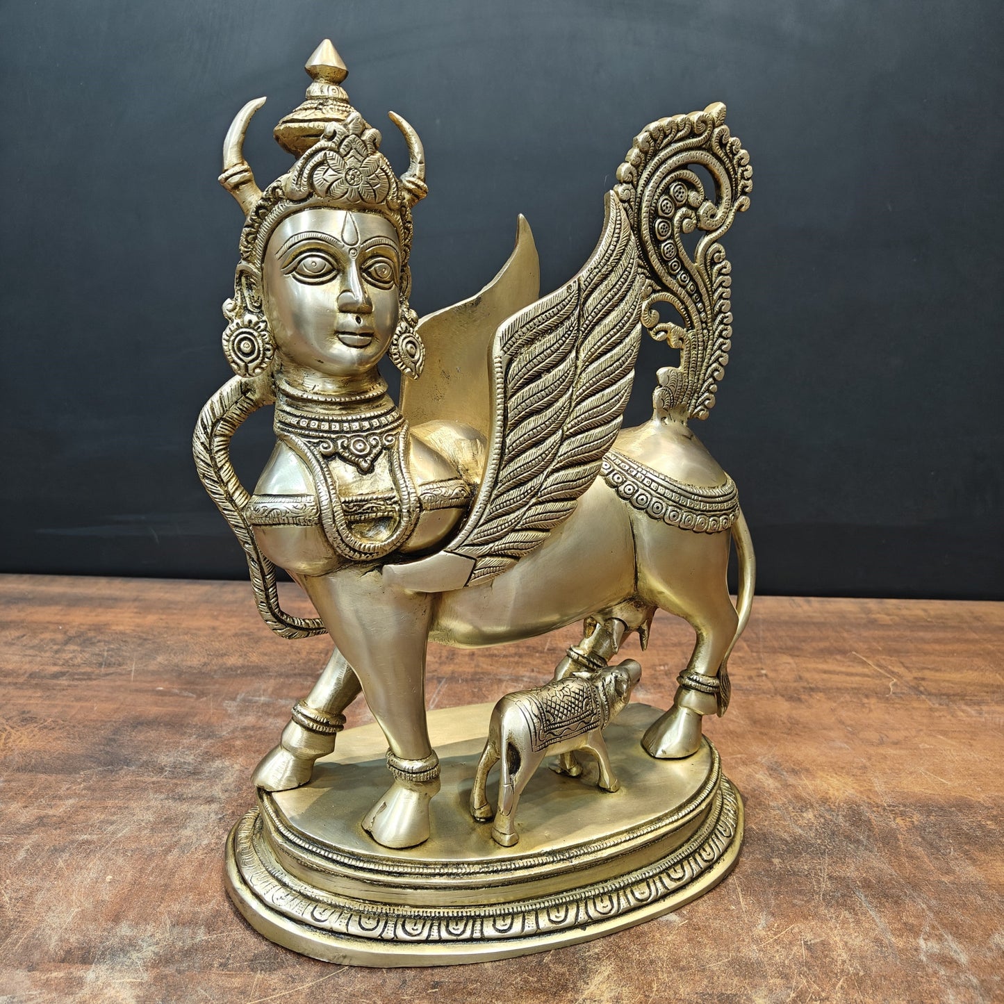 Brass Exquisite Kamdhenu Cow With Calf Statue Golden Finish 16 Inch