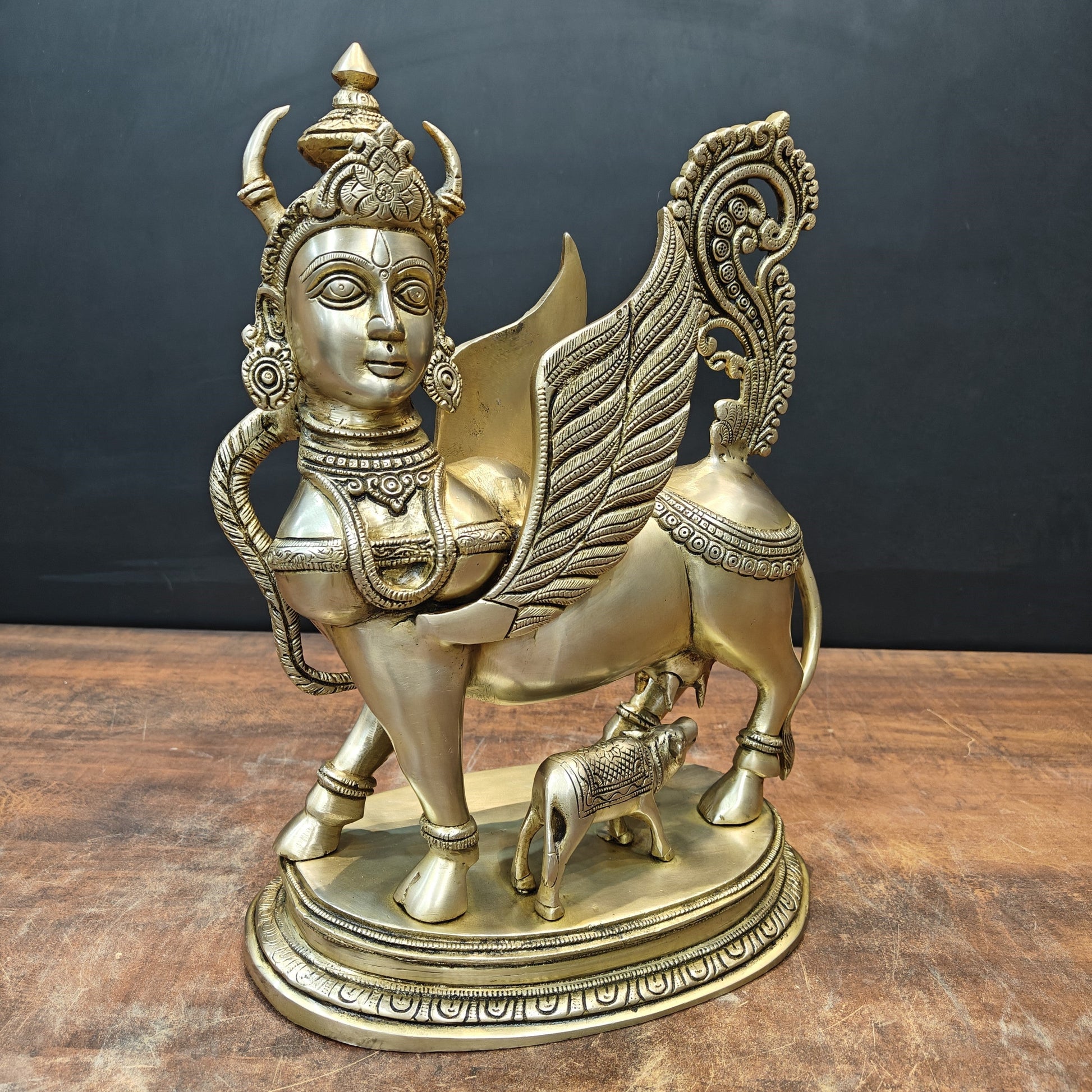 Brass Exquisite Kamdhenu Cow With Calf Statue Golden Finish 16 Inch - Image 4