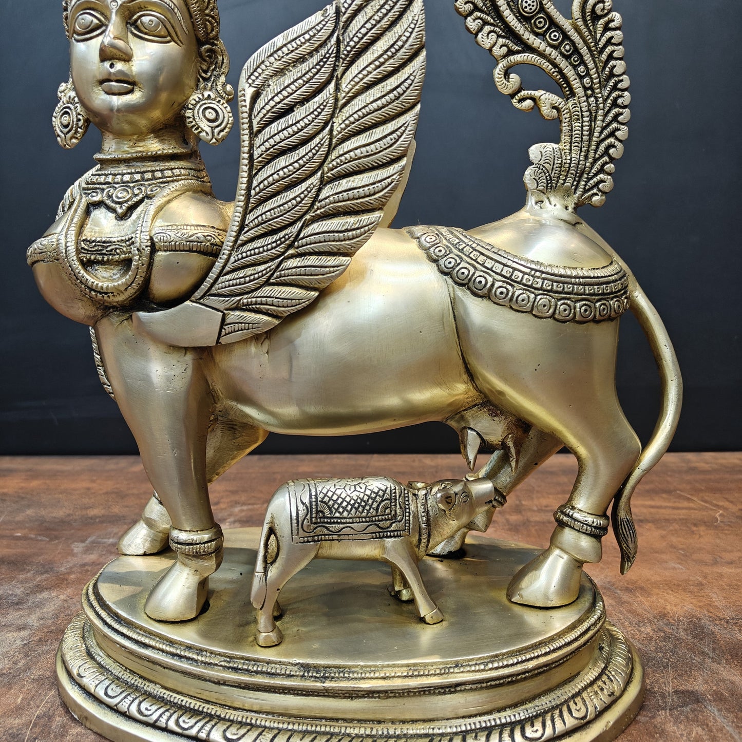 Brass Exquisite Kamdhenu Cow With Calf Statue Golden Finish 16 Inch
