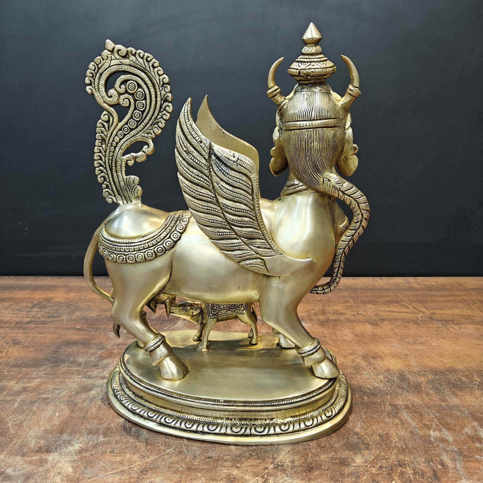 Brass Exquisite Kamdhenu Cow With Calf Statue Golden Finish 16 Inch - Image 6