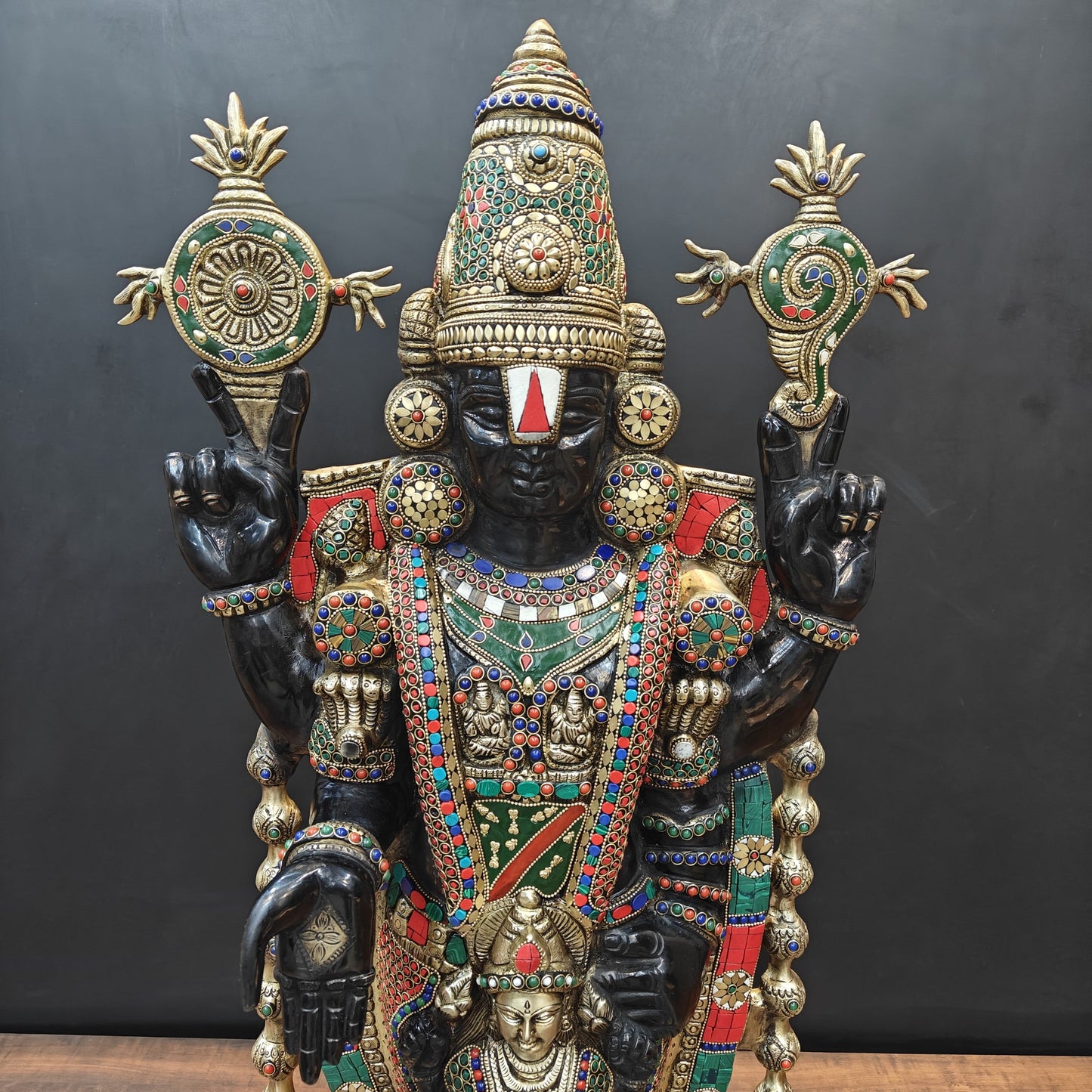Brass Lord Tirupati Balaji Idol with Goddess Padmavathi Engraved Stone Work 3 Feet