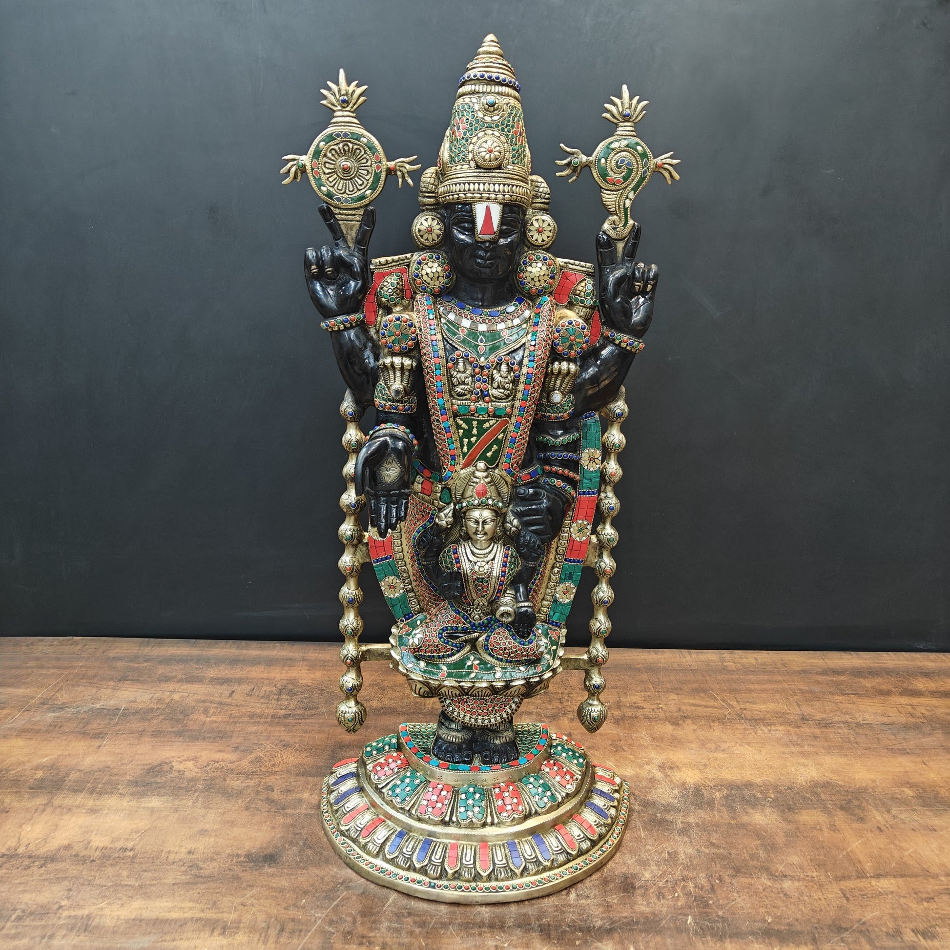 Brass Lord Tirupati Balaji Idol with Goddess Padmavathi Engraved Stone Work 3 Feet - Image 3