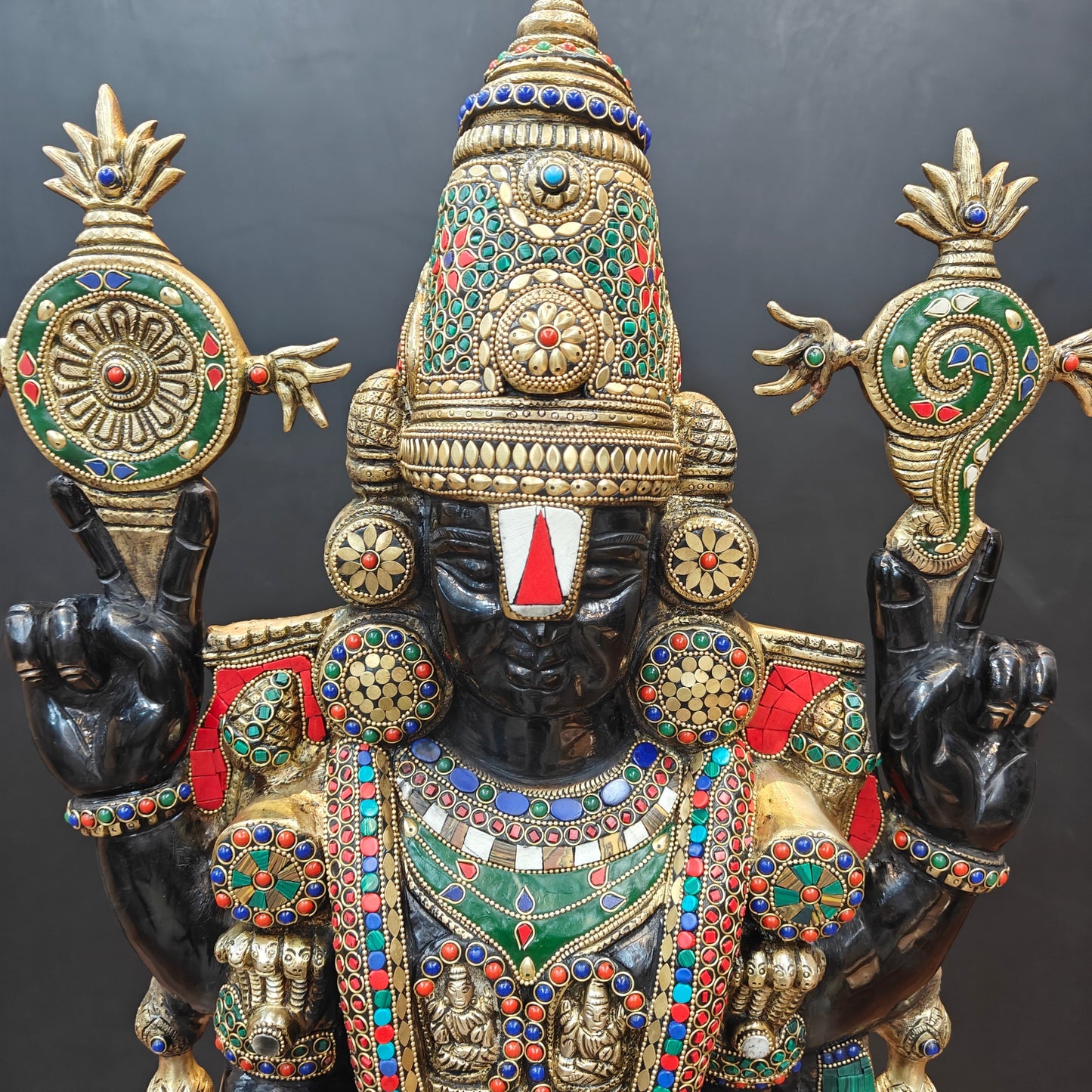 Brass Lord Tirupati Balaji Idol with Goddess Padmavathi Engraved Stone Work 3 Feet