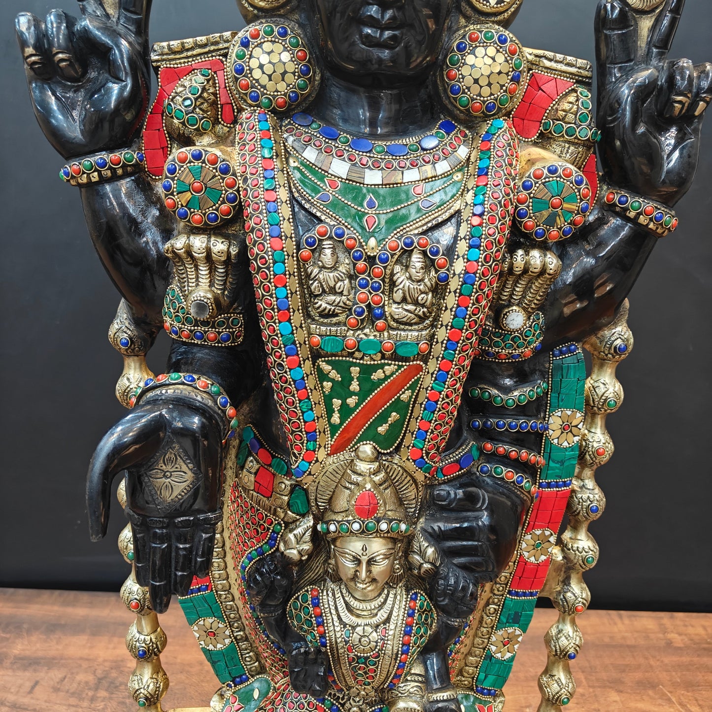 Brass Lord Tirupati Balaji Idol with Goddess Padmavathi Engraved Stone Work 3 Feet