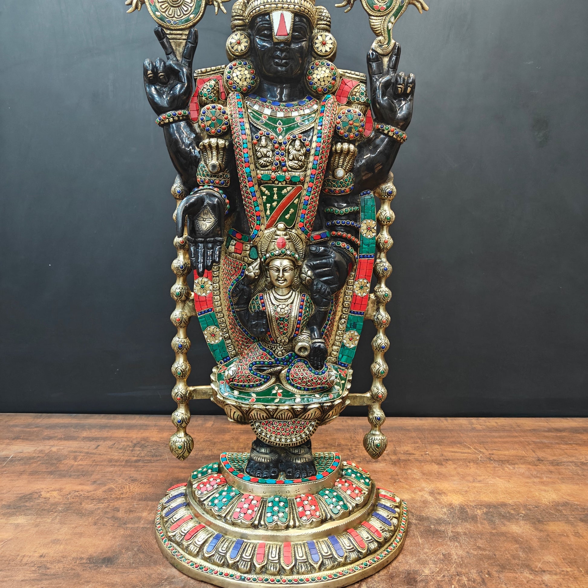 Brass Lord Tirupati Balaji Idol with Goddess Padmavathi Engraved Stone Work 3 Feet - Image 7