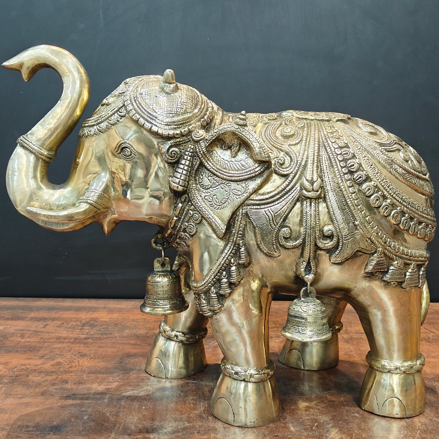 Brass Large Engraved Elephant Pair Statue With Bells Figurine 22 Inch
