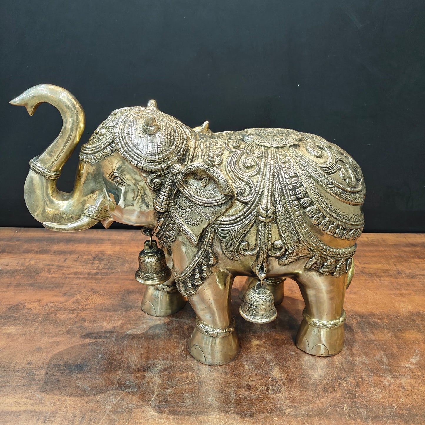 Brass Large Engraved Elephant Statue With Bells Figurine 22 Inch