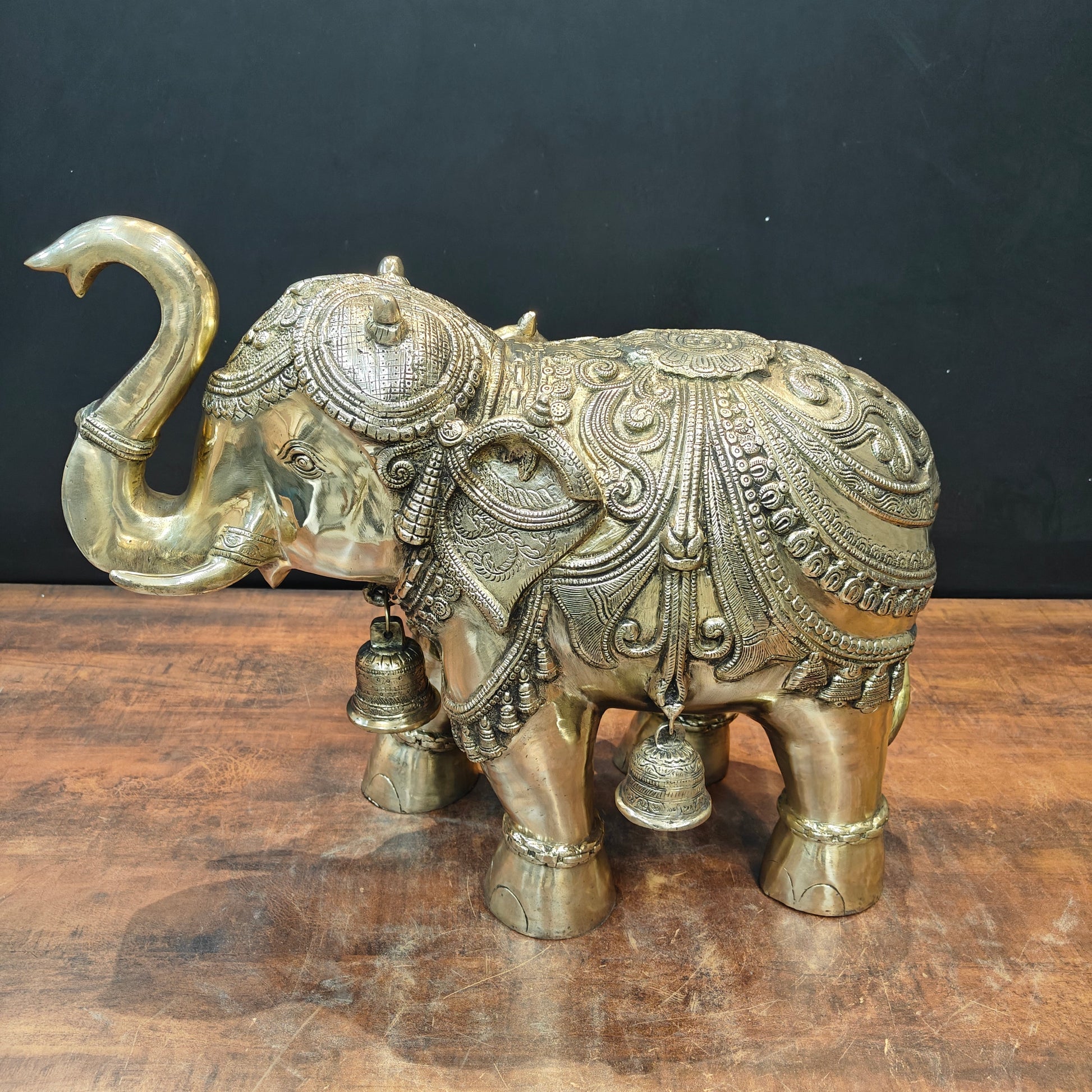 Brass Large Engraved Elephant Statue With Bells Figurine 22 Inch - Image 4