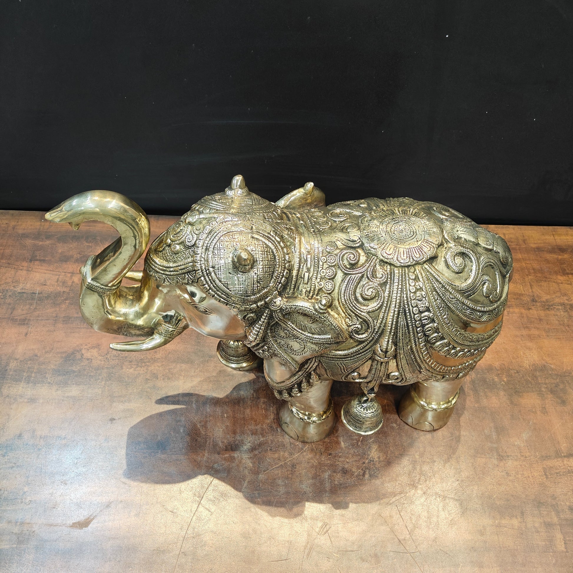 Brass Large Engraved Elephant Statue With Bells Figurine 22 Inch - Image 5