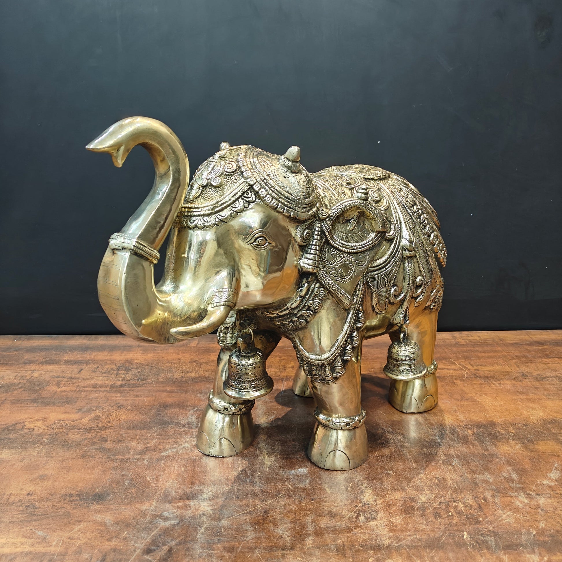 Brass Large Engraved Elephant Pair Statue With Bells Figurine 22 Inch - Image 3