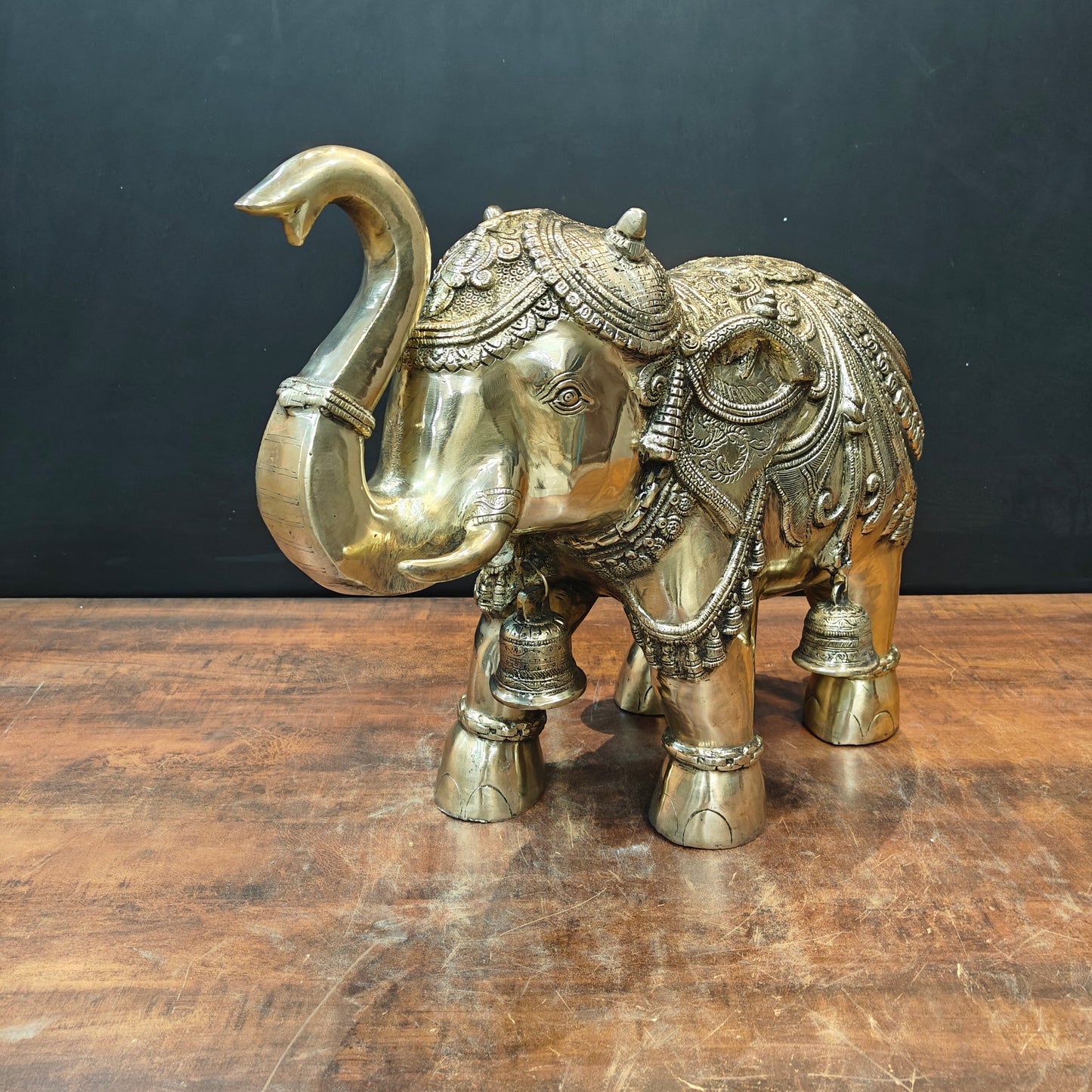 Brass Large Engraved Elephant Statue With Bells Figurine 22 Inch