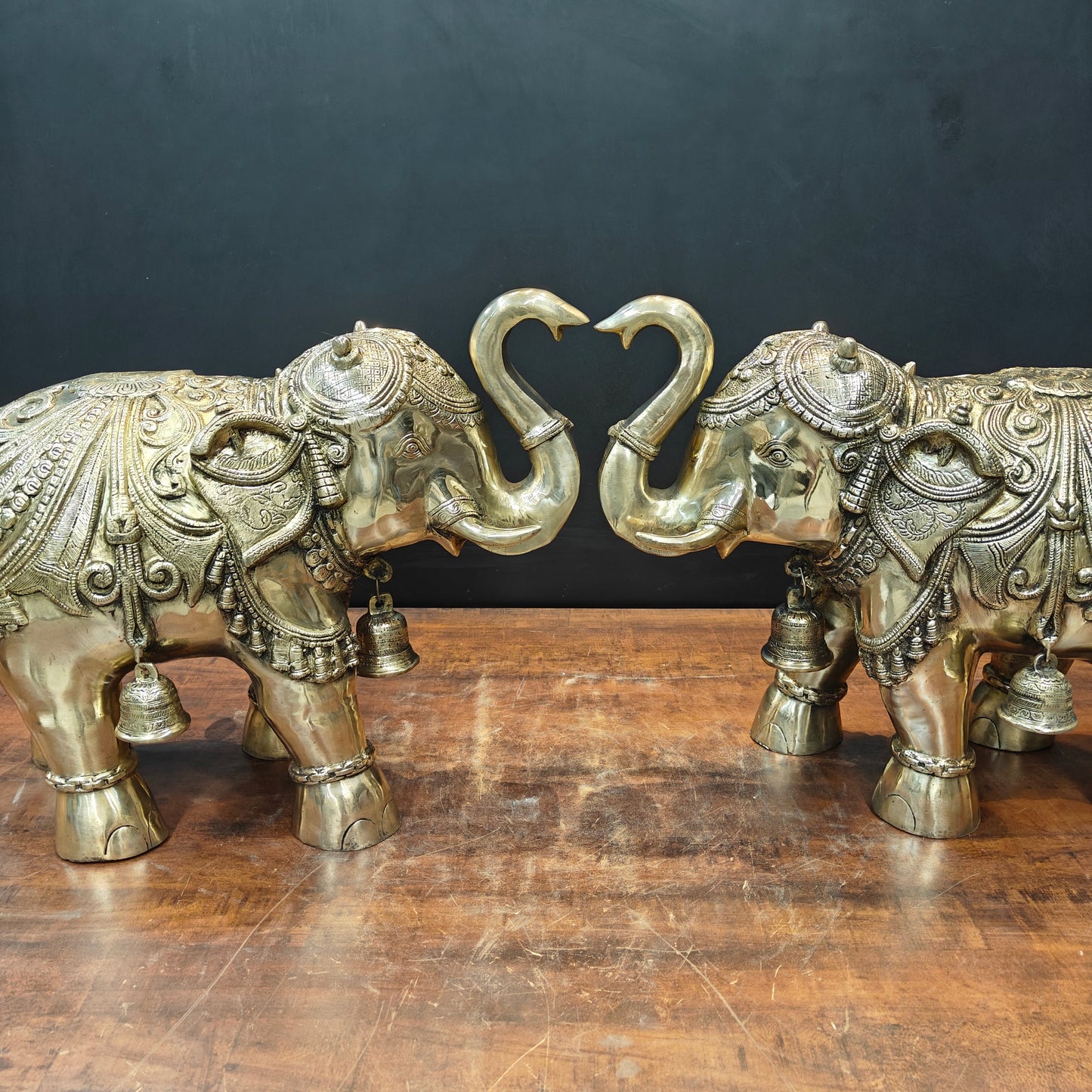Brass Large Engraved Elephant Pair Statue With Bells Figurine 22 Inch