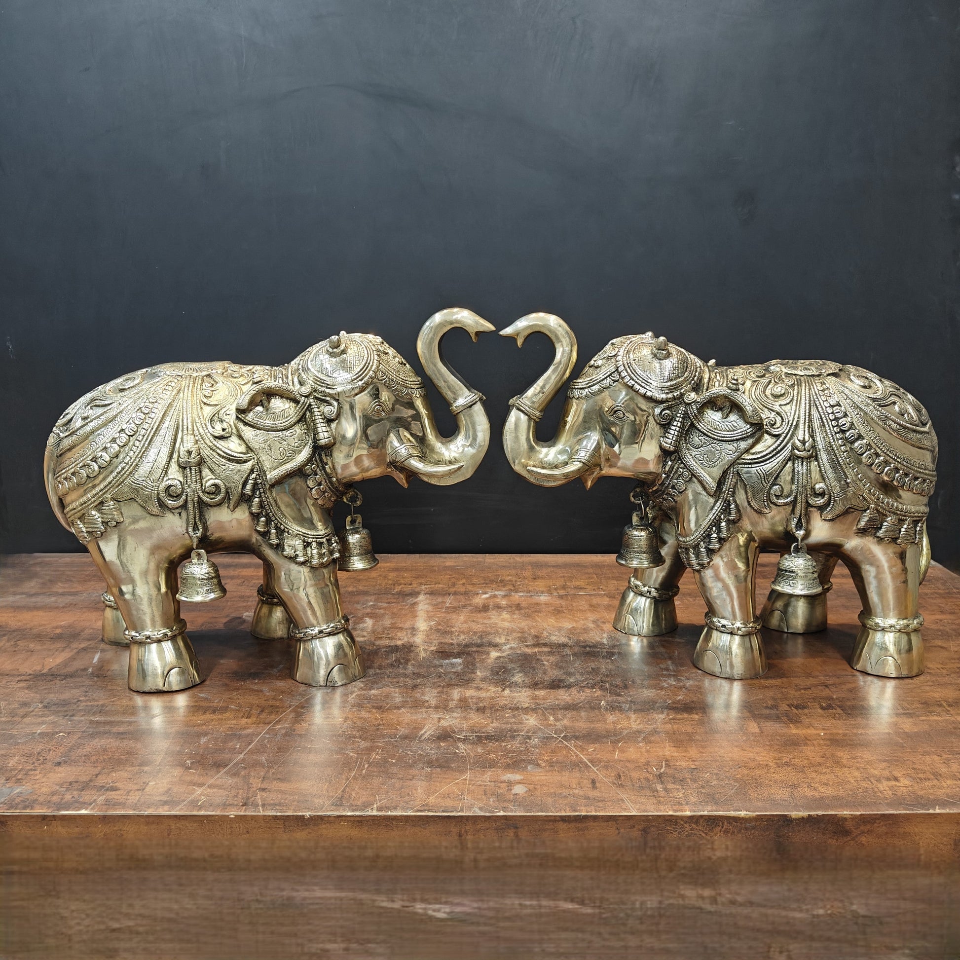 Brass Large Engraved Elephant Pair Statue With Bells Figurine 22 Inch - Image 4