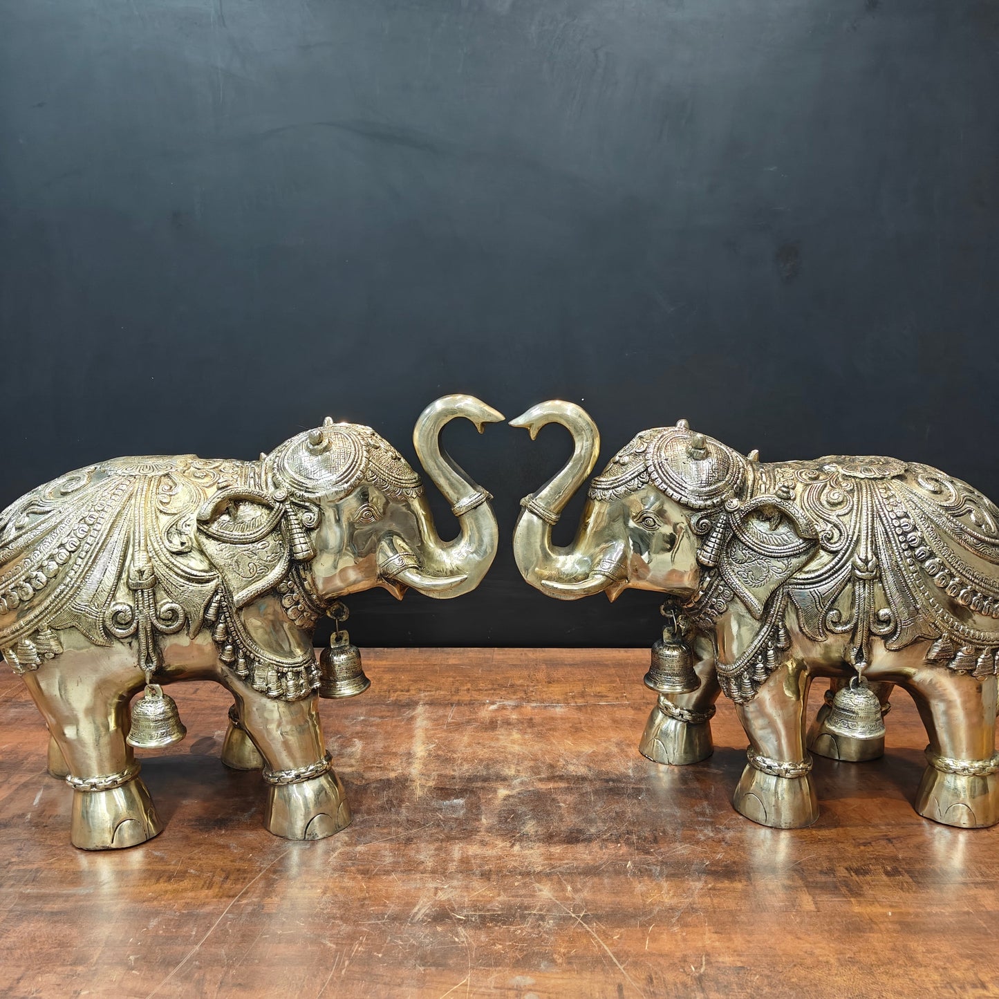 Brass Large Engraved Elephant Pair Statue With Bells Figurine 22 Inch