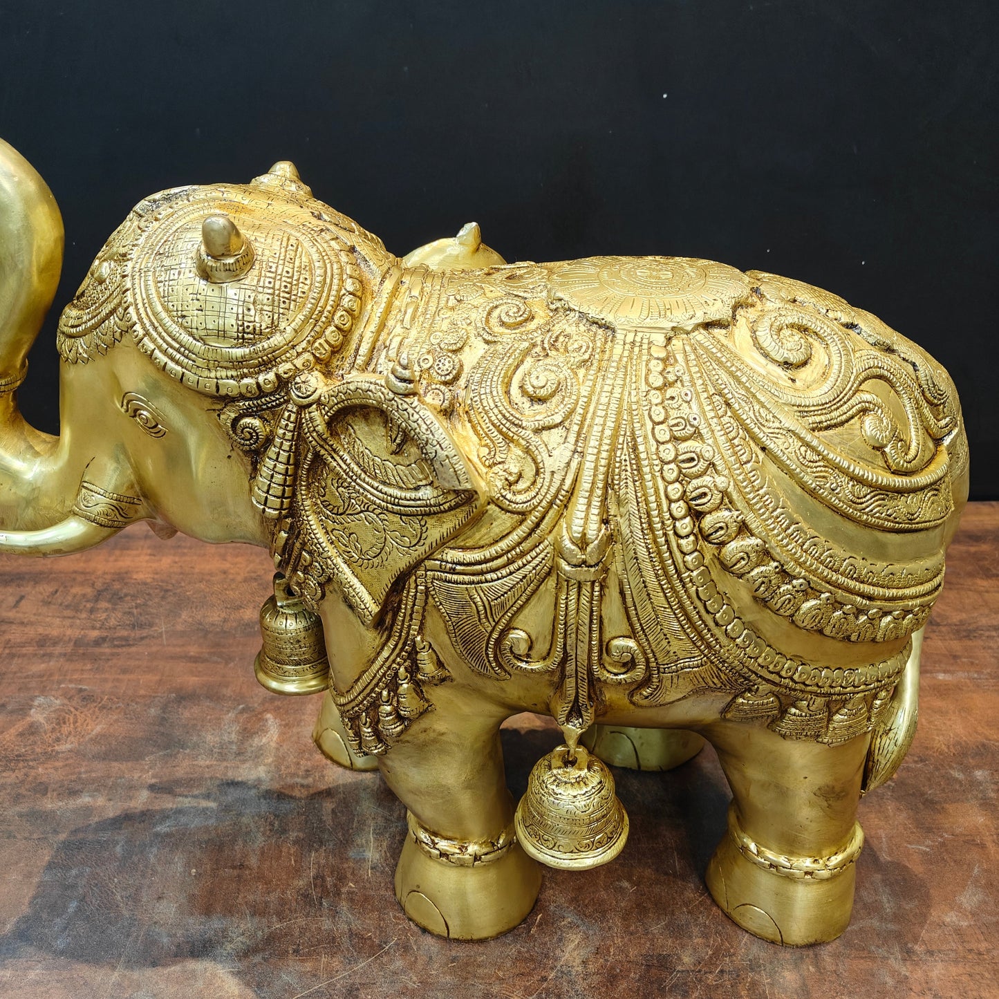 Brass Large Engraved Elephant Pair Statue With Bells Figurine Golden Finish 22 Inch