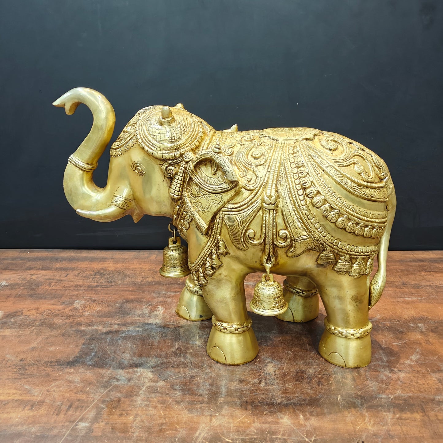 Brass Large Engraved Elephant Statue With Bells Figurine Golden Finish 22 Inch