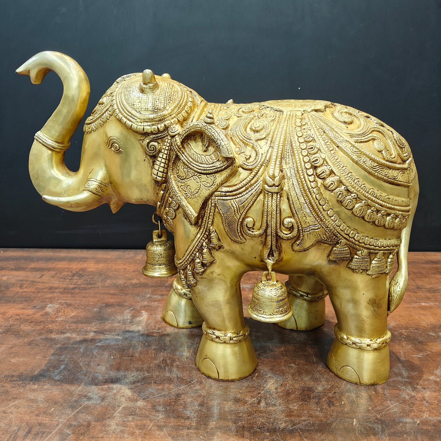 Brass Large Engraved Elephant Pair Statue With Bells Figurine Golden Finish 22 Inch
