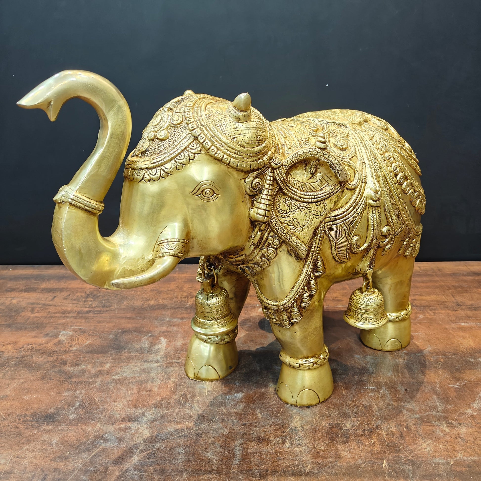 Brass Large Engraved Elephant Statue With Bells Figurine Golden Finish 22 Inch - Image 5