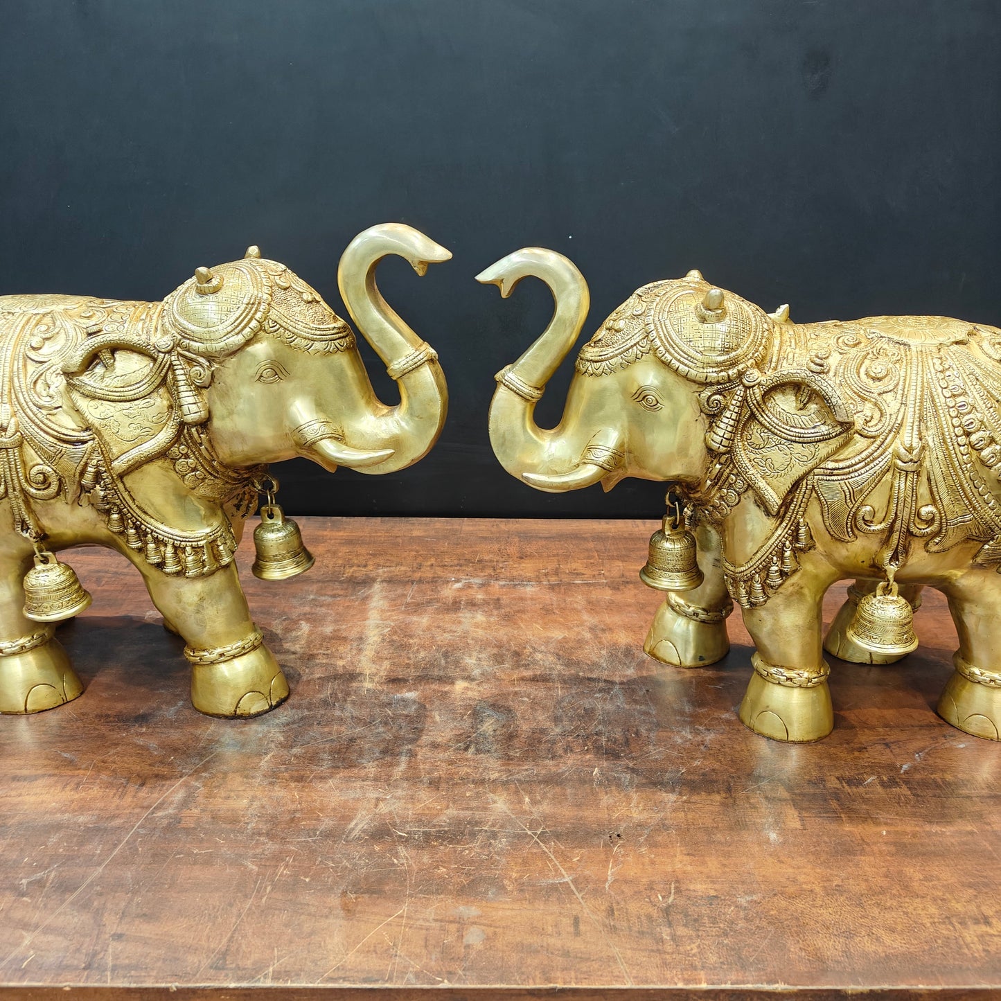 Brass Large Engraved Elephant Pair Statue With Bells Figurine Golden Finish 22 Inch