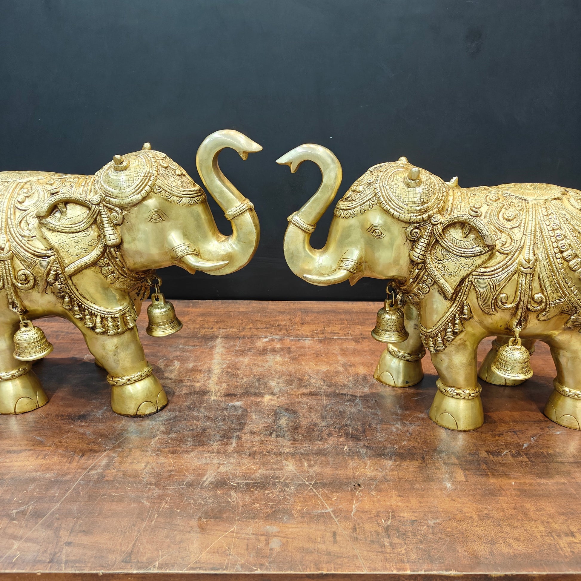 Brass Large Engraved Elephant Pair Statue With Bells Figurine Golden Finish 22 Inch - Image 2