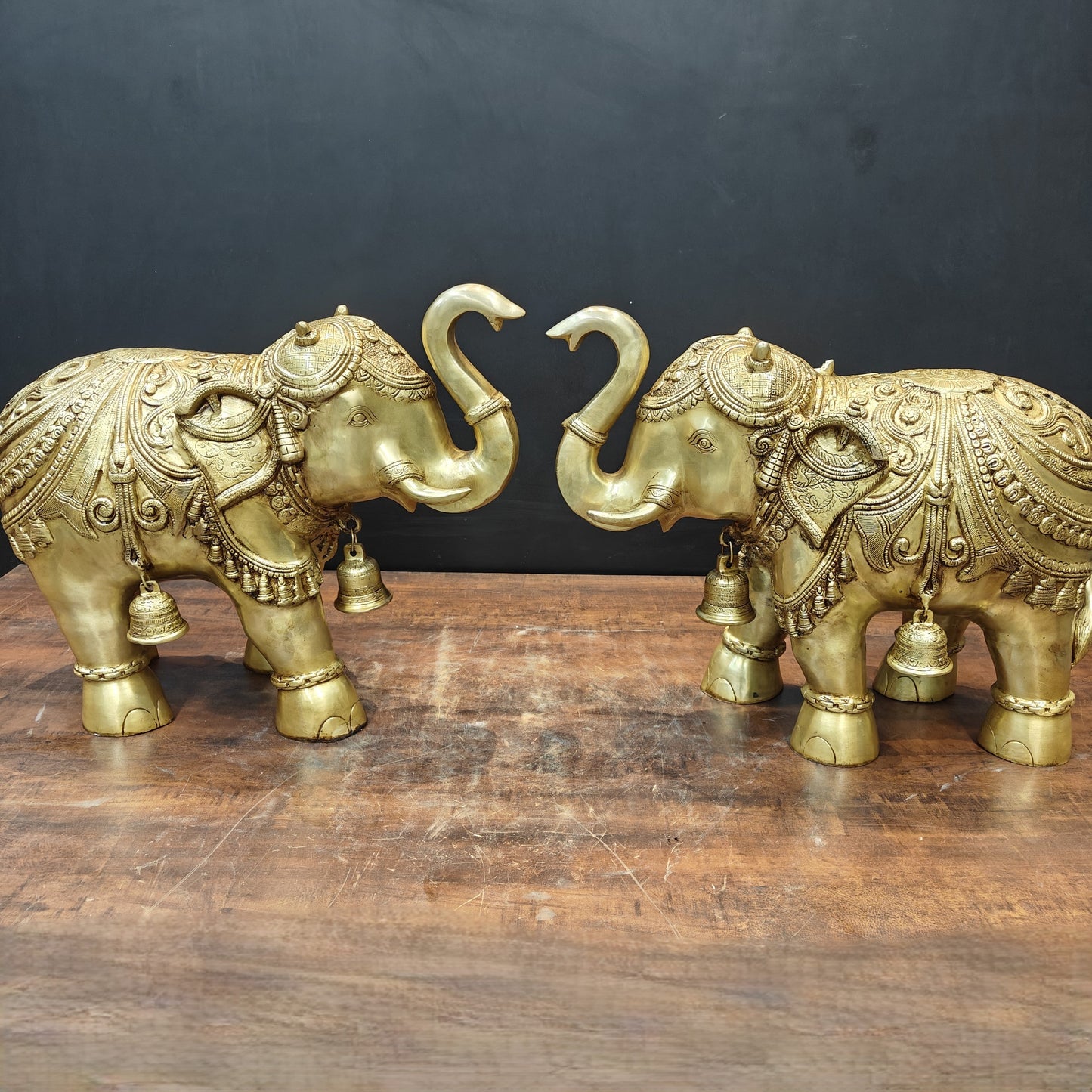 Brass Large Engraved Elephant Pair Statue With Bells Figurine Golden Finish 22 Inch