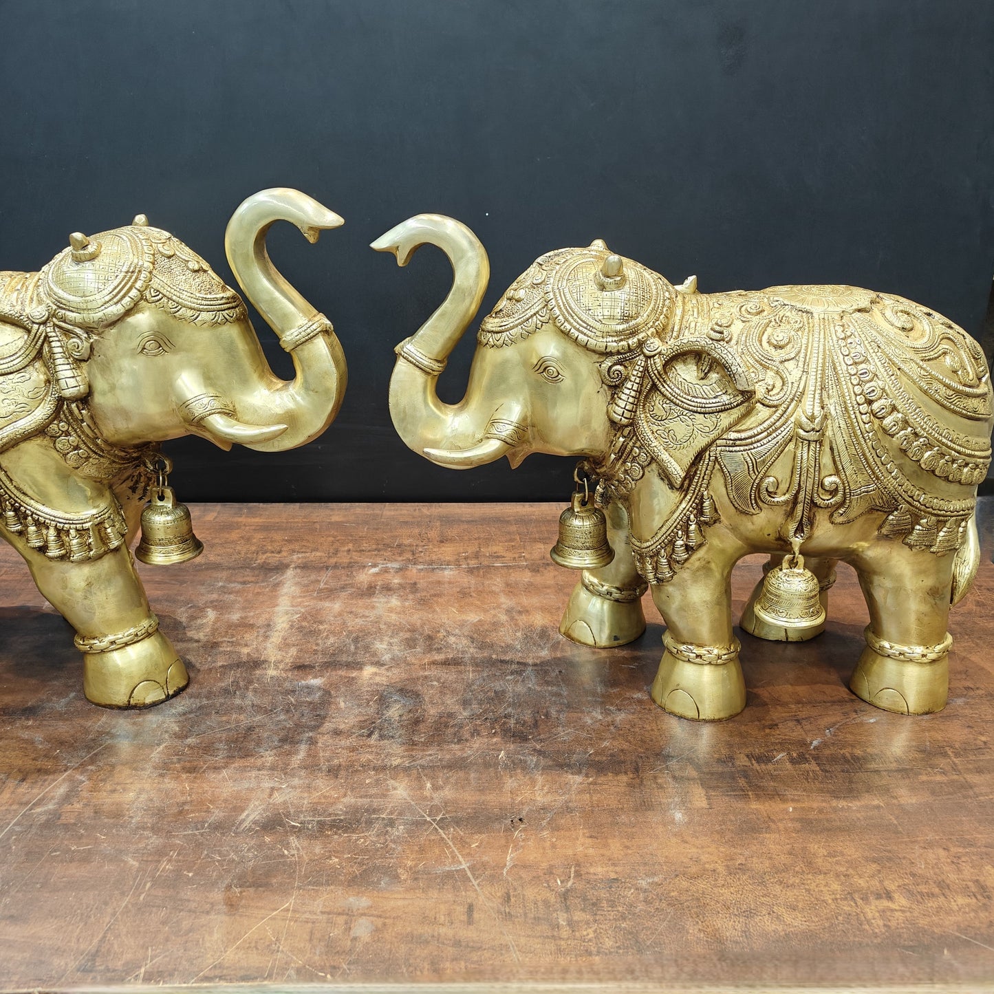 Brass Large Engraved Elephant Pair Statue With Bells Figurine Golden Finish 22 Inch