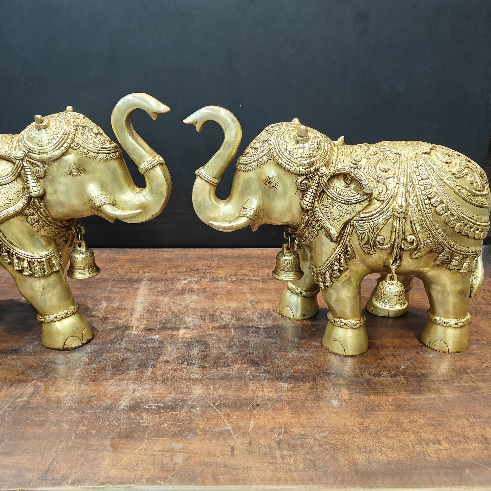 Brass Large Engraved Elephant Pair Statue With Bells Figurine Golden Finish 22 Inch - Image 4