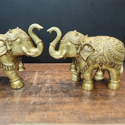 Brass Large Engraved Elephant Pair Statue With Bells Figurine Golden Finish 22 Inch by vendor-unknown - Decor (View 4)