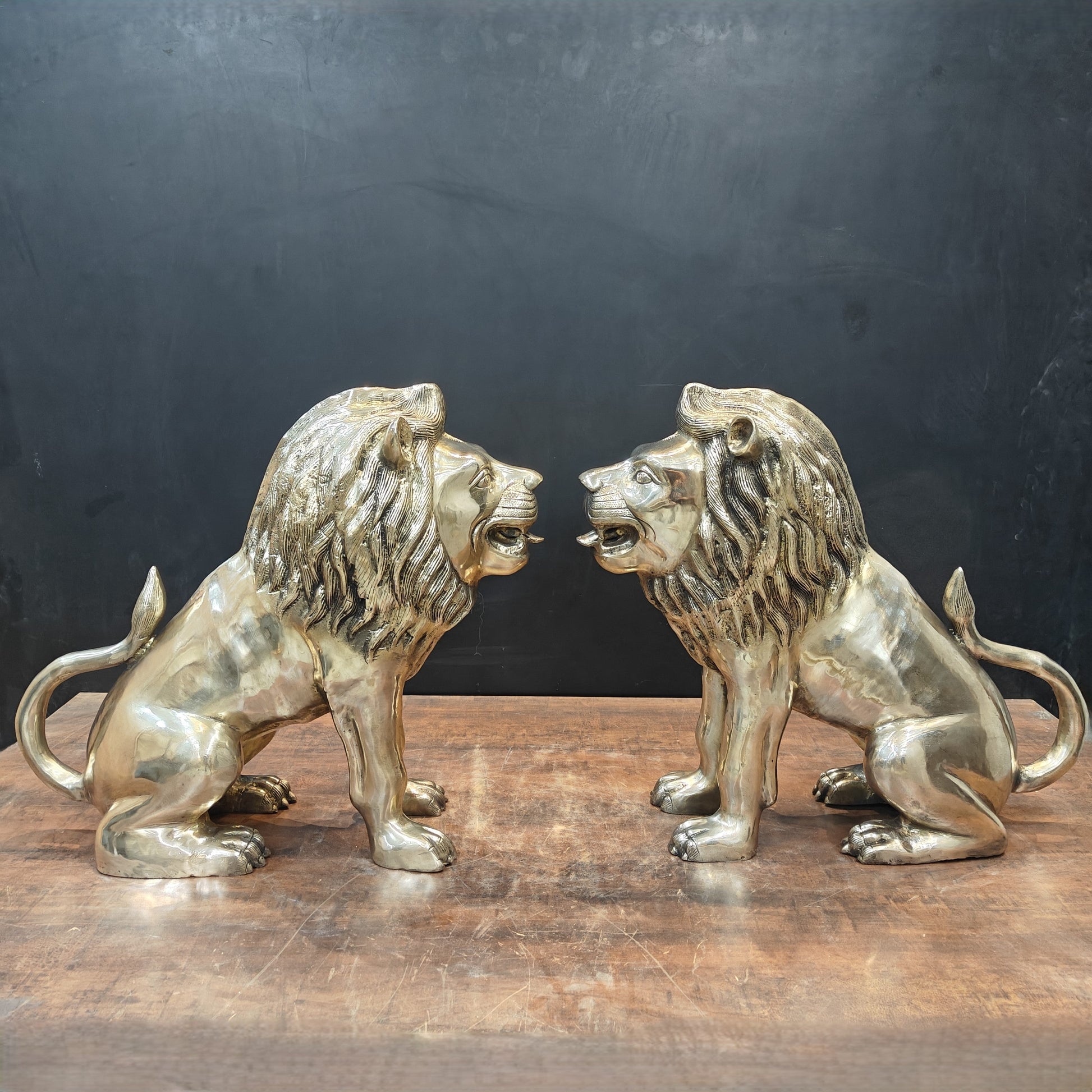 Brass Lion Statue Pair Sculpture Antique Finish Decor Showpiece 22 Inch - Image 2