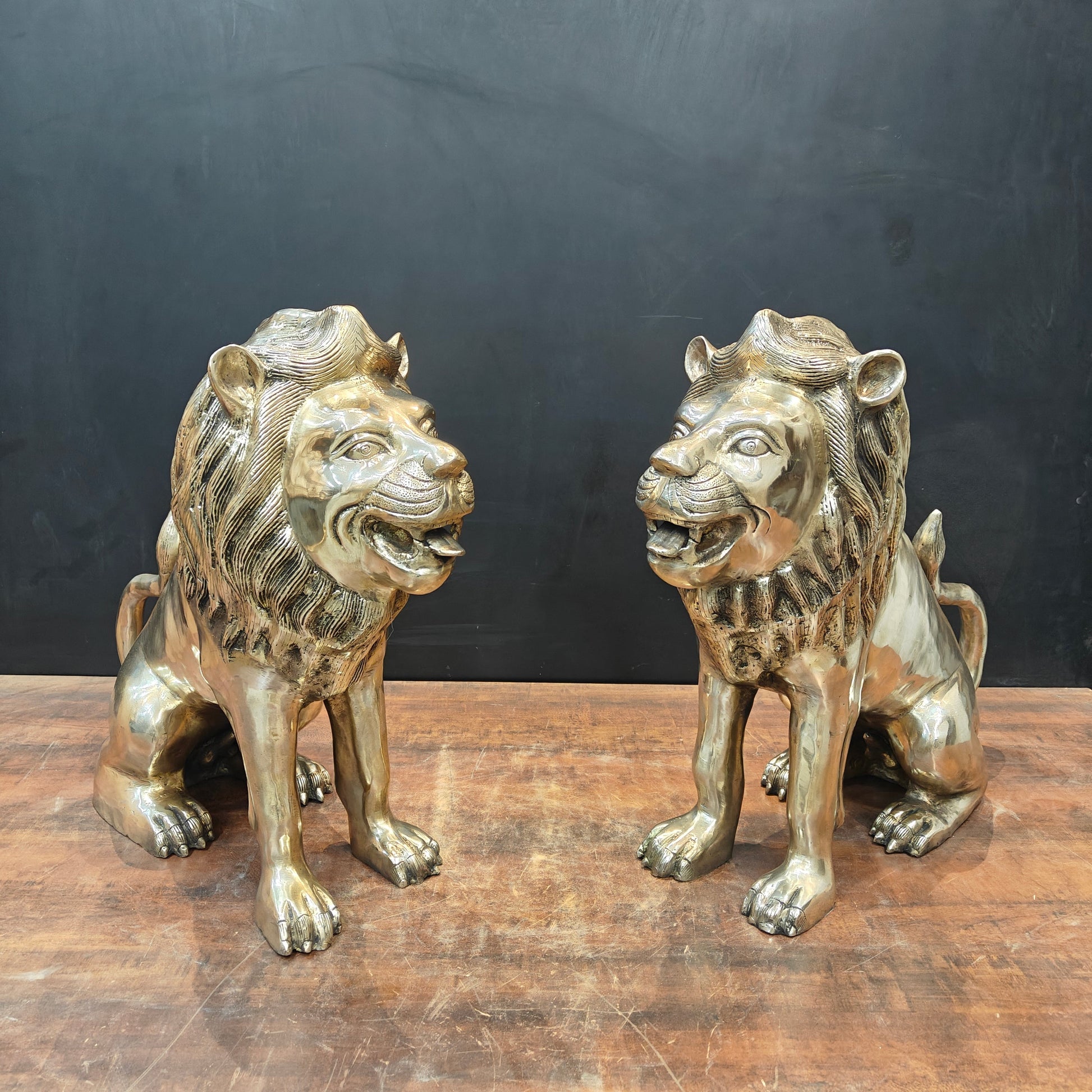 Brass Lion Statue Pair Sculpture Antique Finish Decor Showpiece 22 Inch - Image 3