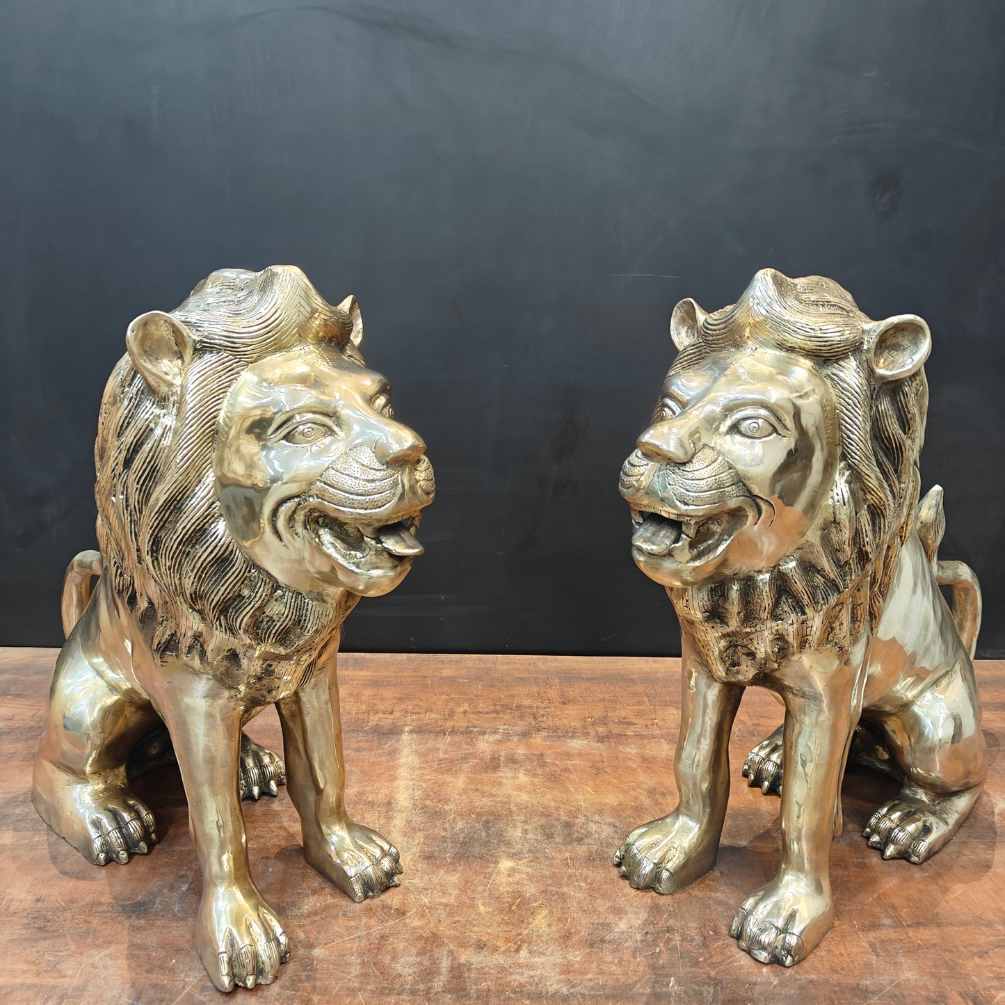 Brass Lion Statue Pair Sculpture Antique Finish Decor Showpiece 22 Inch
