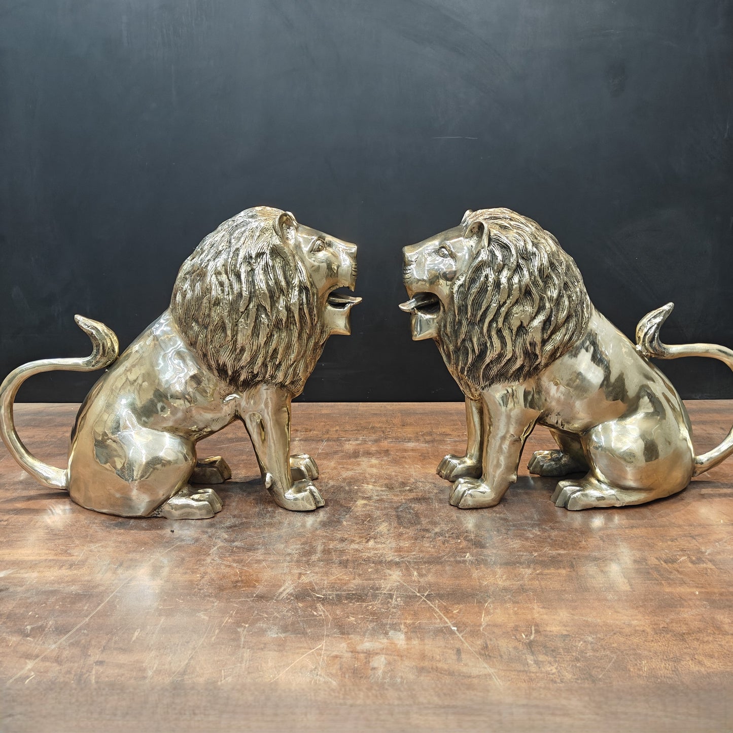 Brass Lion Statue Pair Sculpture Antique Finish Decor Showpiece 17 Inch