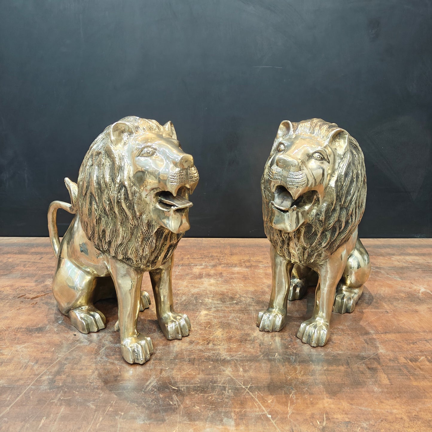 Brass Lion Statue Pair Sculpture Antique Finish Decor Showpiece 17 Inch