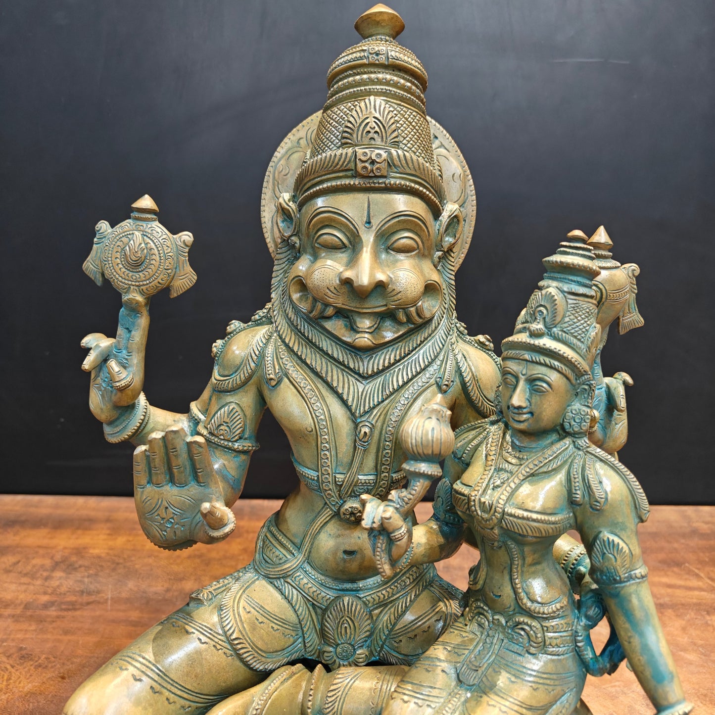 Bronze Vintage Narasimha Lakshmi Statue Chola Patina Finish 19 Inch