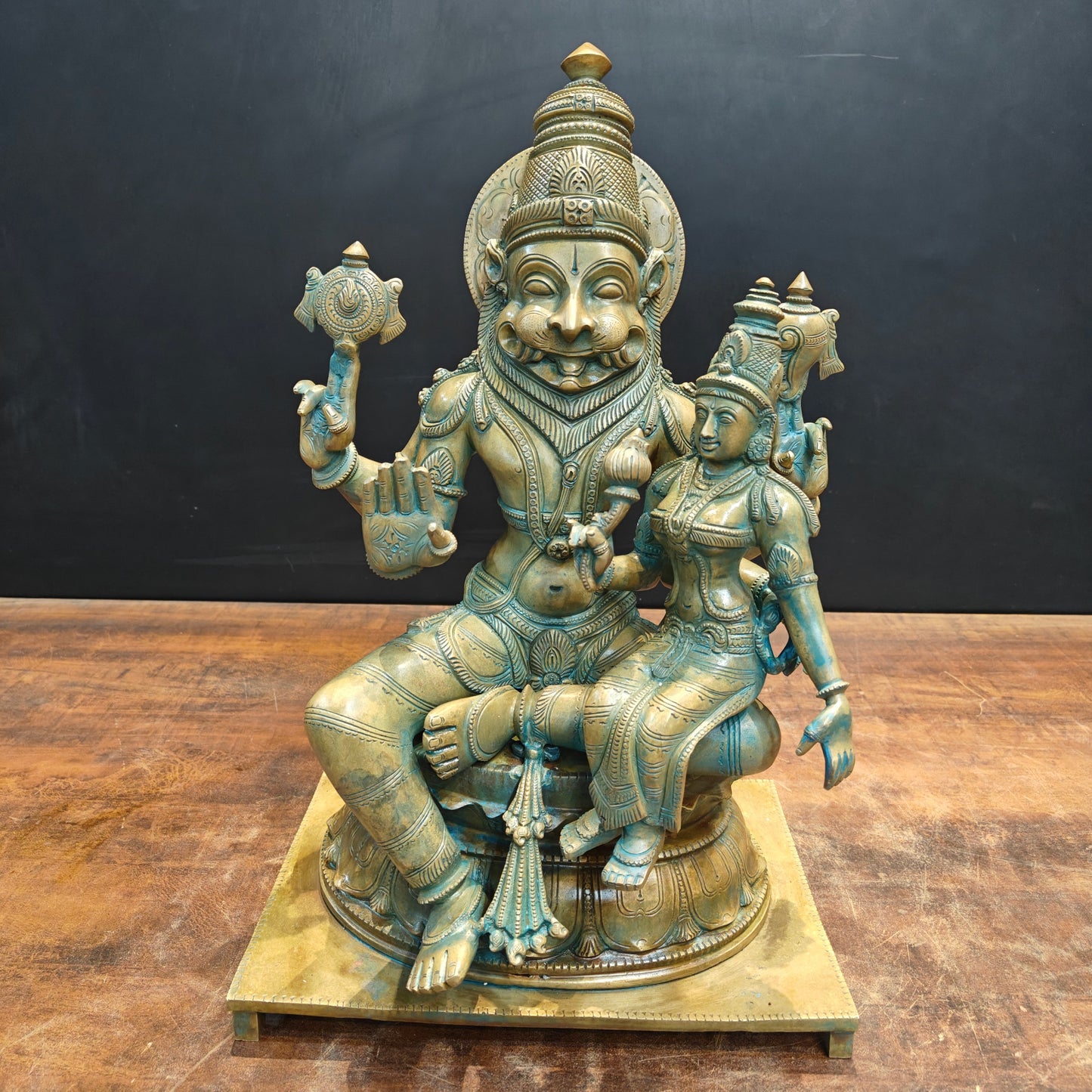 Bronze Vintage Narasimha Lakshmi Statue Chola Patina Finish 19 Inch