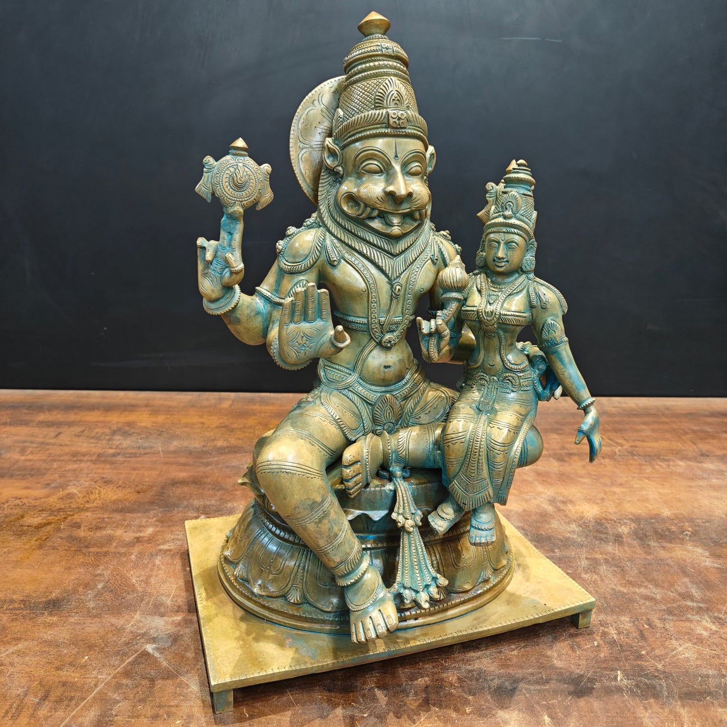 Bronze Vintage Narasimha Lakshmi Statue Chola Patina Finish 19 Inch