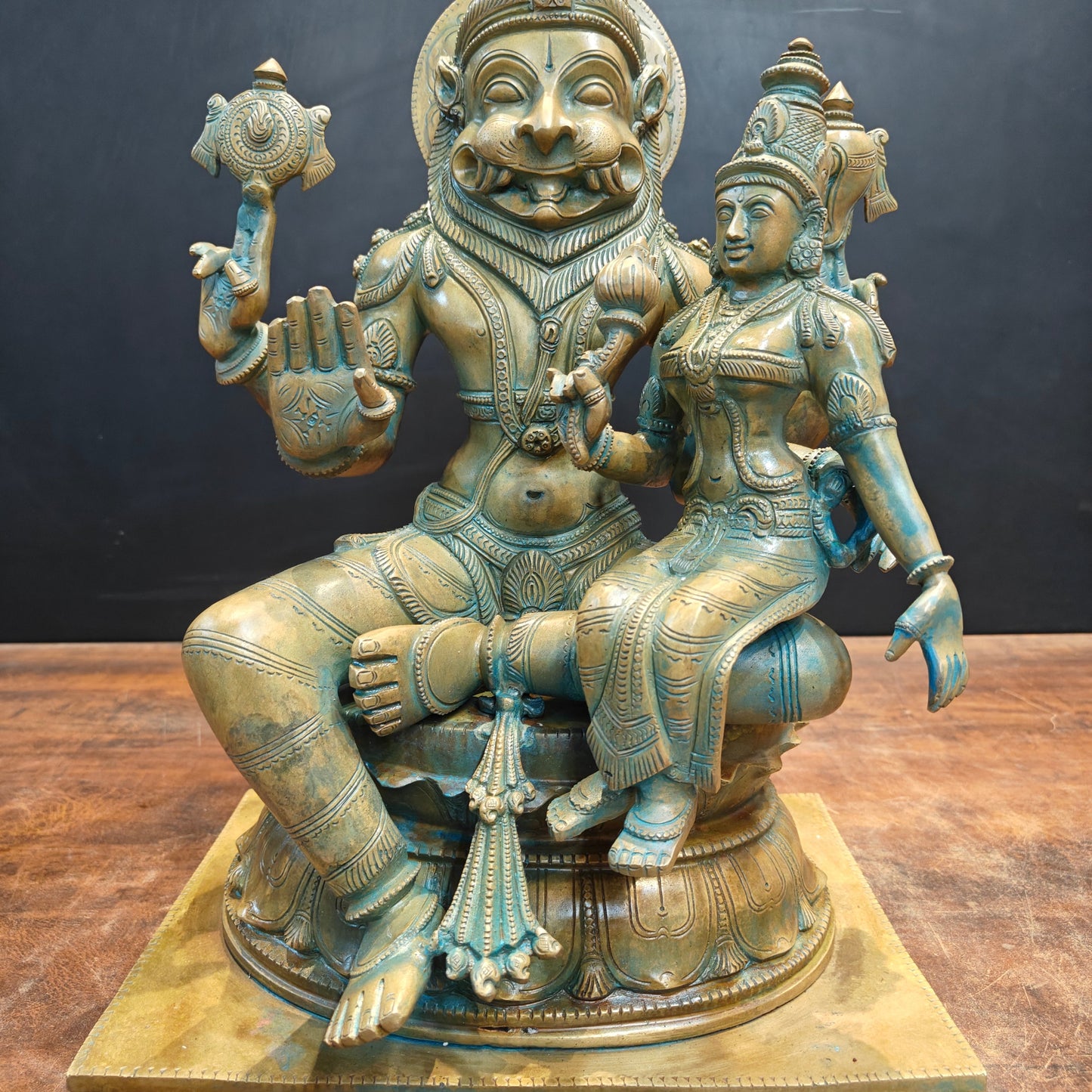 Bronze Vintage Narasimha Lakshmi Statue Chola Patina Finish 19 Inch