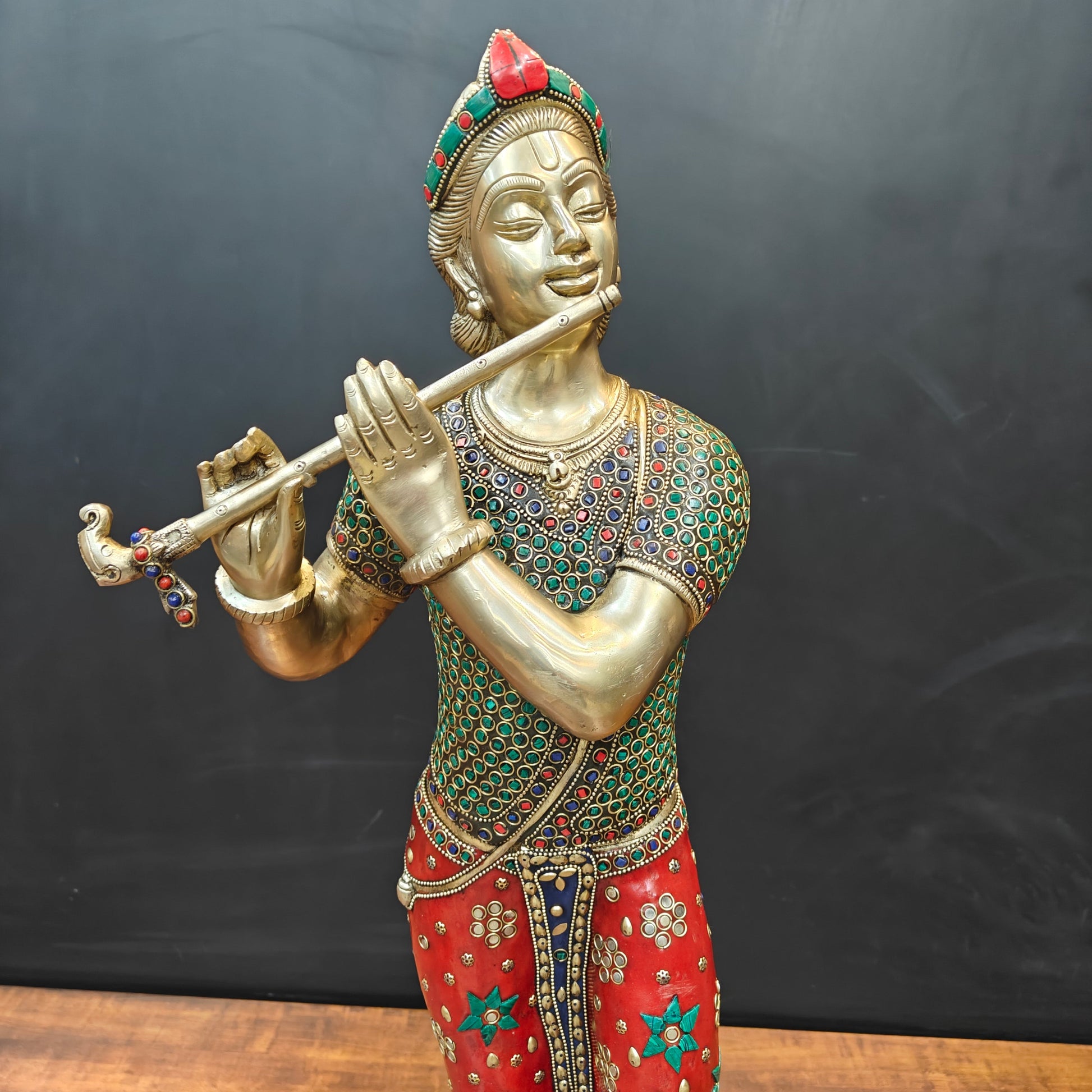 Brass Antique Krishna Statue with Flute (Peacock Stone Inlay) 29.5" - Image 2