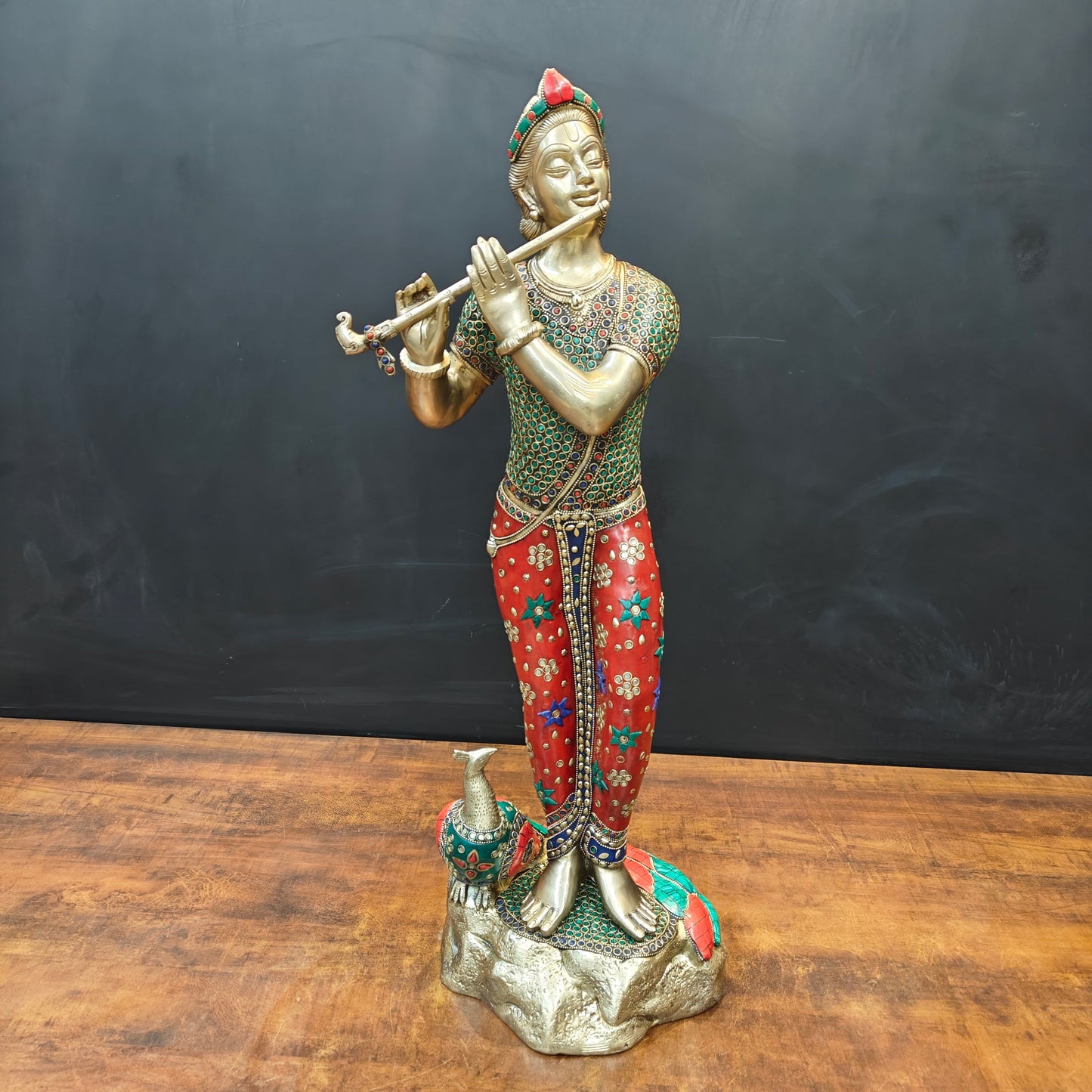 Brass Antique Krishna Statue with Flute (Peacock Stone Inlay) 29.5"