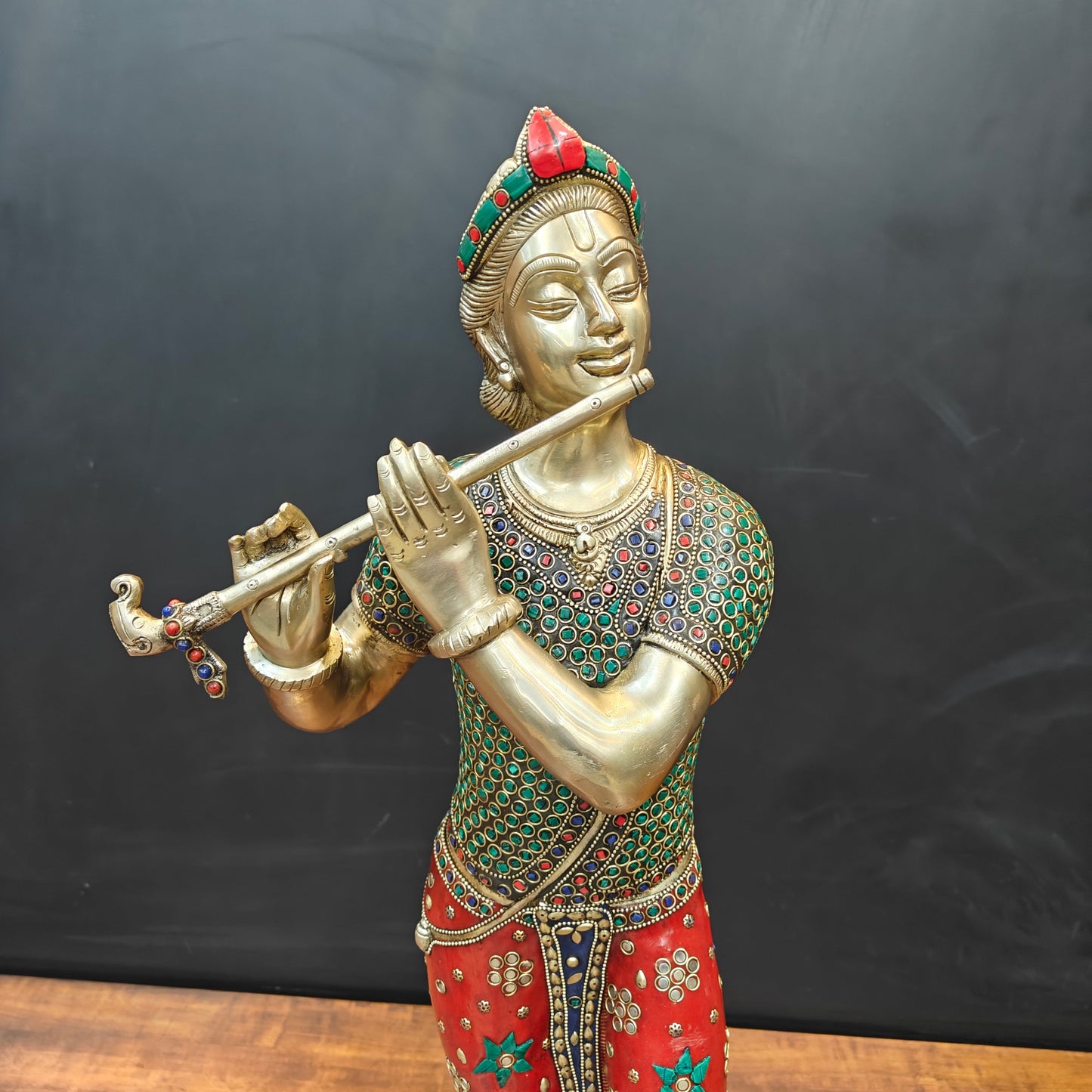 Brass Antique Krishna Statue with Flute (Peacock Stone Inlay) 29.5"