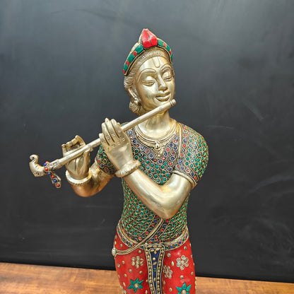 Brass Antique Krishna Statue with Flute (Peacock Stone Inlay) 29.5" by vendor-unknown - Hindu Gods (View 4)
