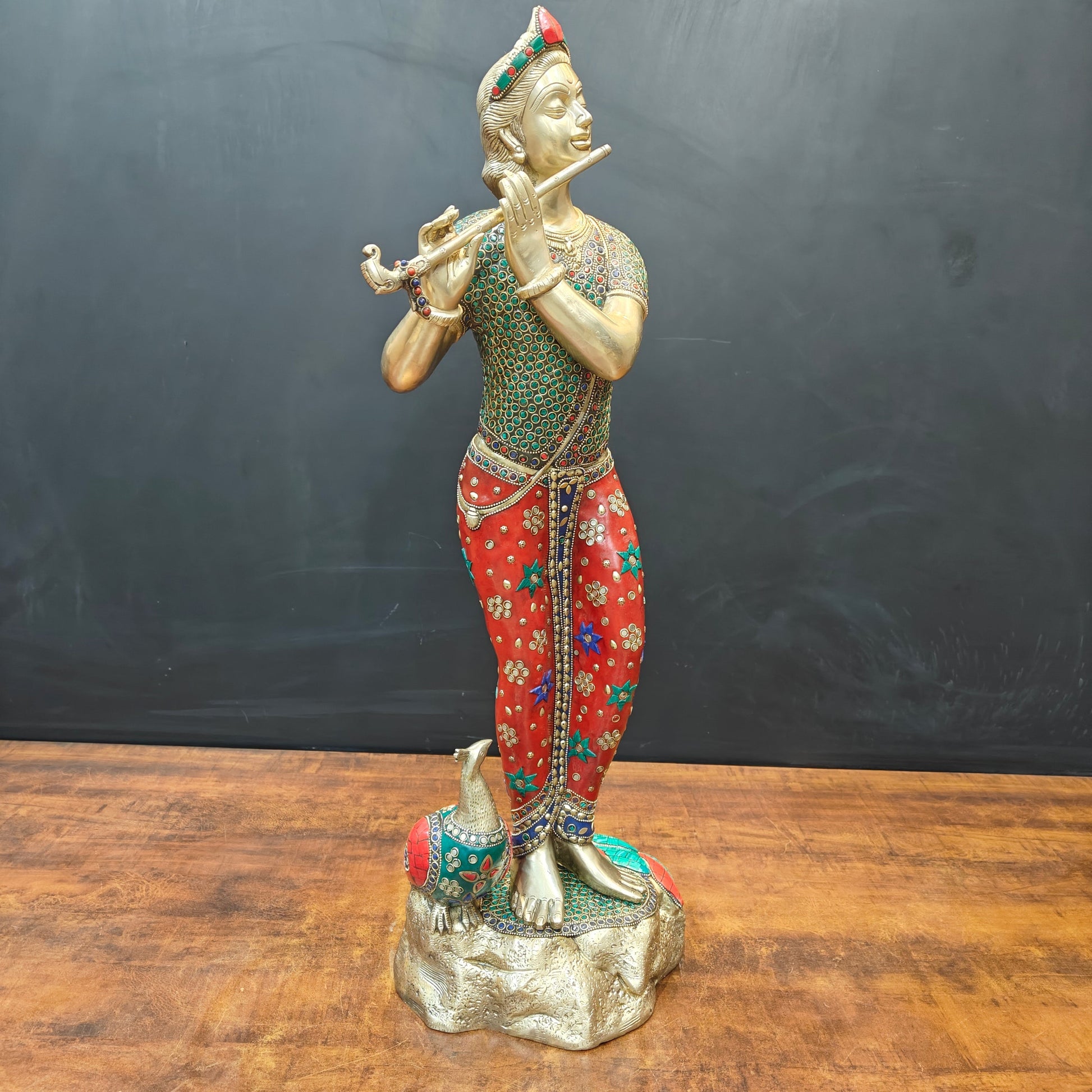 Brass Antique Krishna Statue with Flute (Peacock Stone Inlay) 29.5" - Image 5